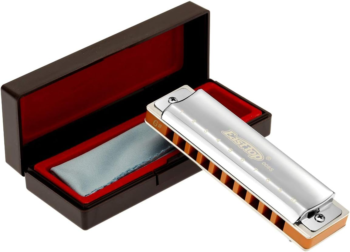 East Top Harmonica, 10-Hole 20 Tones Professional Diatonic Blues Harmonica Key of a with Silver Cover Probgrade Harmonicas for Professionals, Beginner, Students, Adults and Kids, as Best Gift