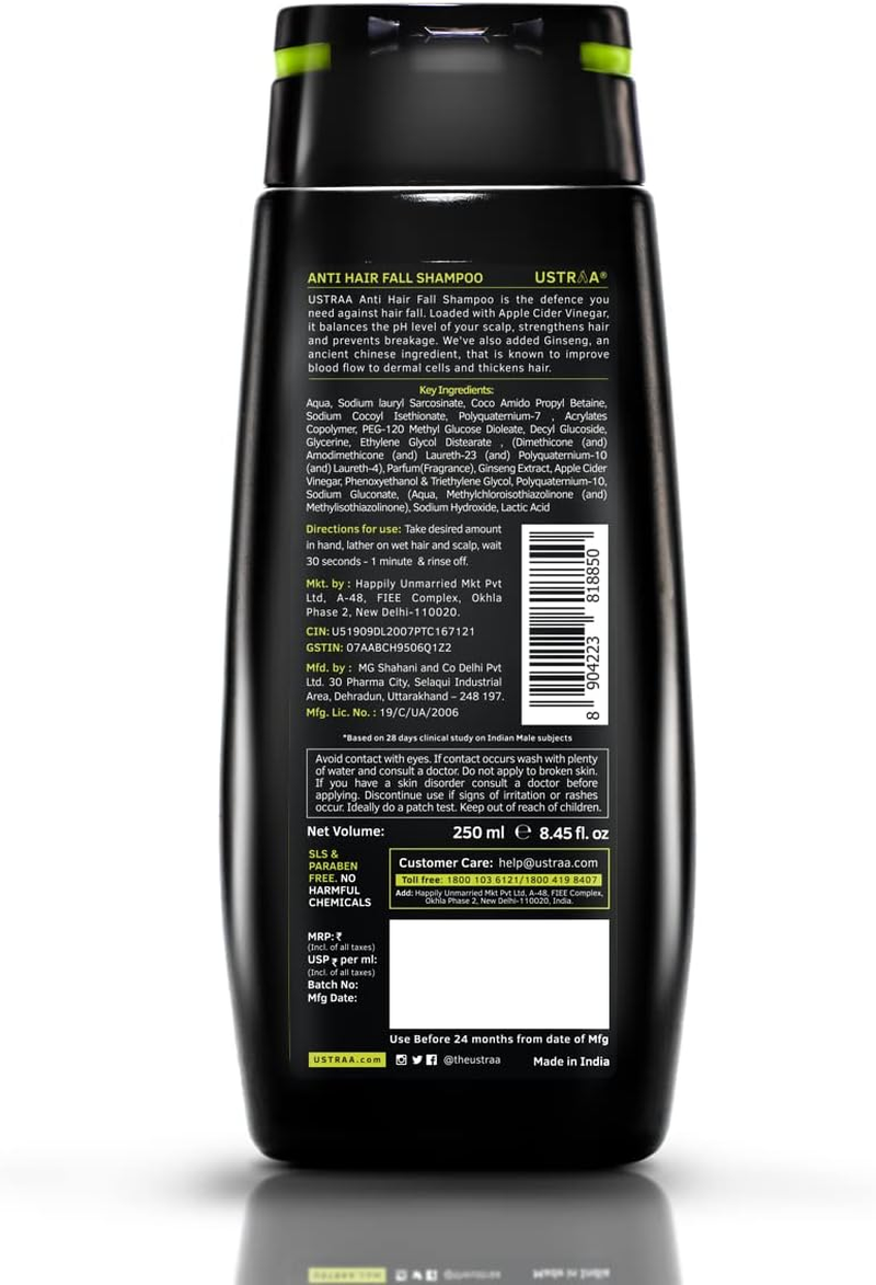Ustraa anti Hair Fall Shampoo with Apple Cider Vinegar - Prevents Hair Fall, Strengthens Weak & Falling Hair and Adds Shine & Lusture to Hair - Sulphate & Paraben Free - 6.76 Oz image number 5