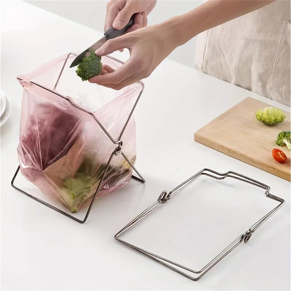 2 Pcs Portable Trash Holder,Outdoor Barbecue Garbage Rack, Camping Garbage Bag Rack, Folded Plastic Bag Holder, Stainless Steel Hanging Rack, with Wooden Handle Iron Art Rubbish Bag Hanging Bracket image number 2