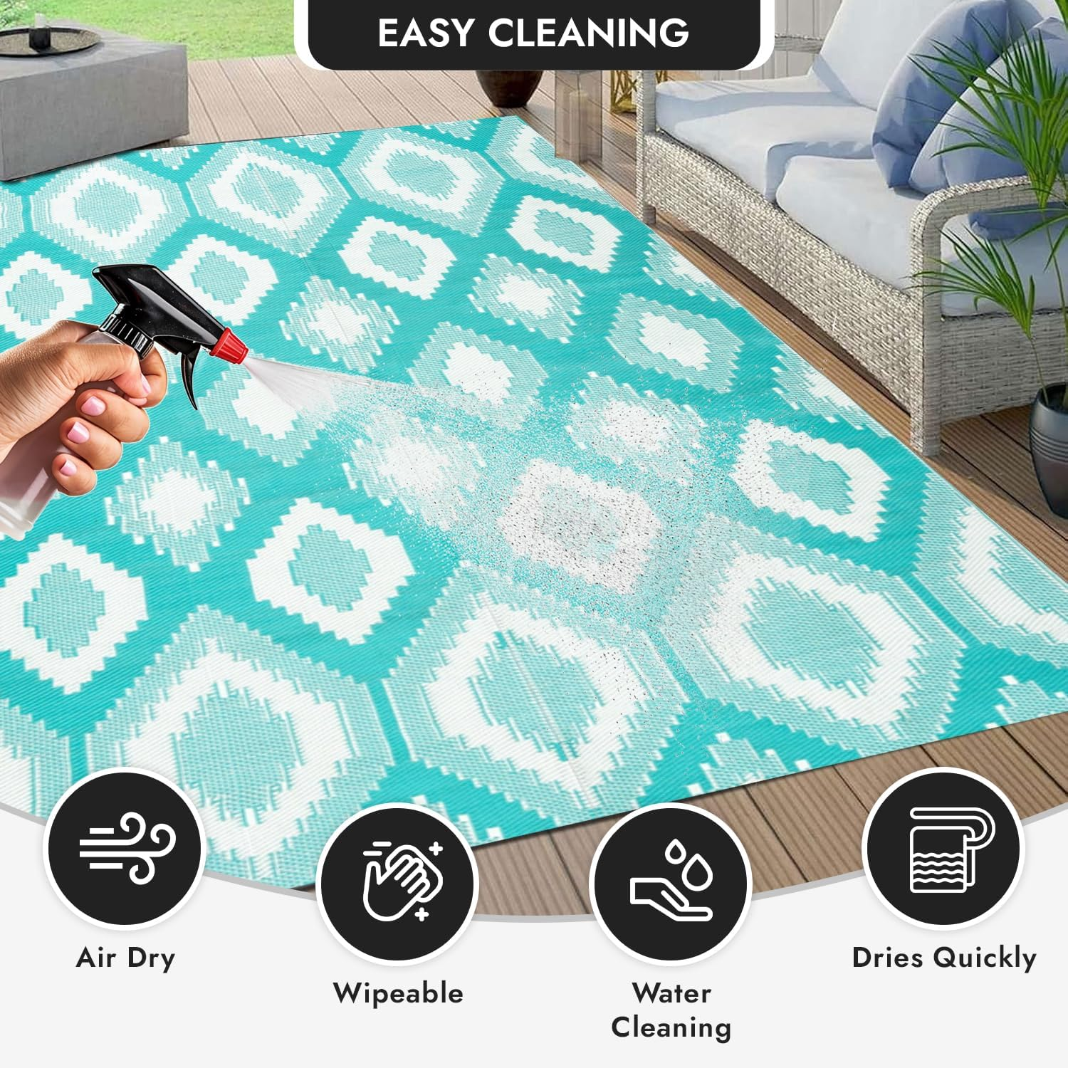 XCELERATOR Large Outdoor Rug for Patio, Reversible Portable Camping Rug, Weather Proof Plastic Straw Rug for RV Deck Camper Balcony, Positano 200 X 270 Cm Aqua and White image number 4