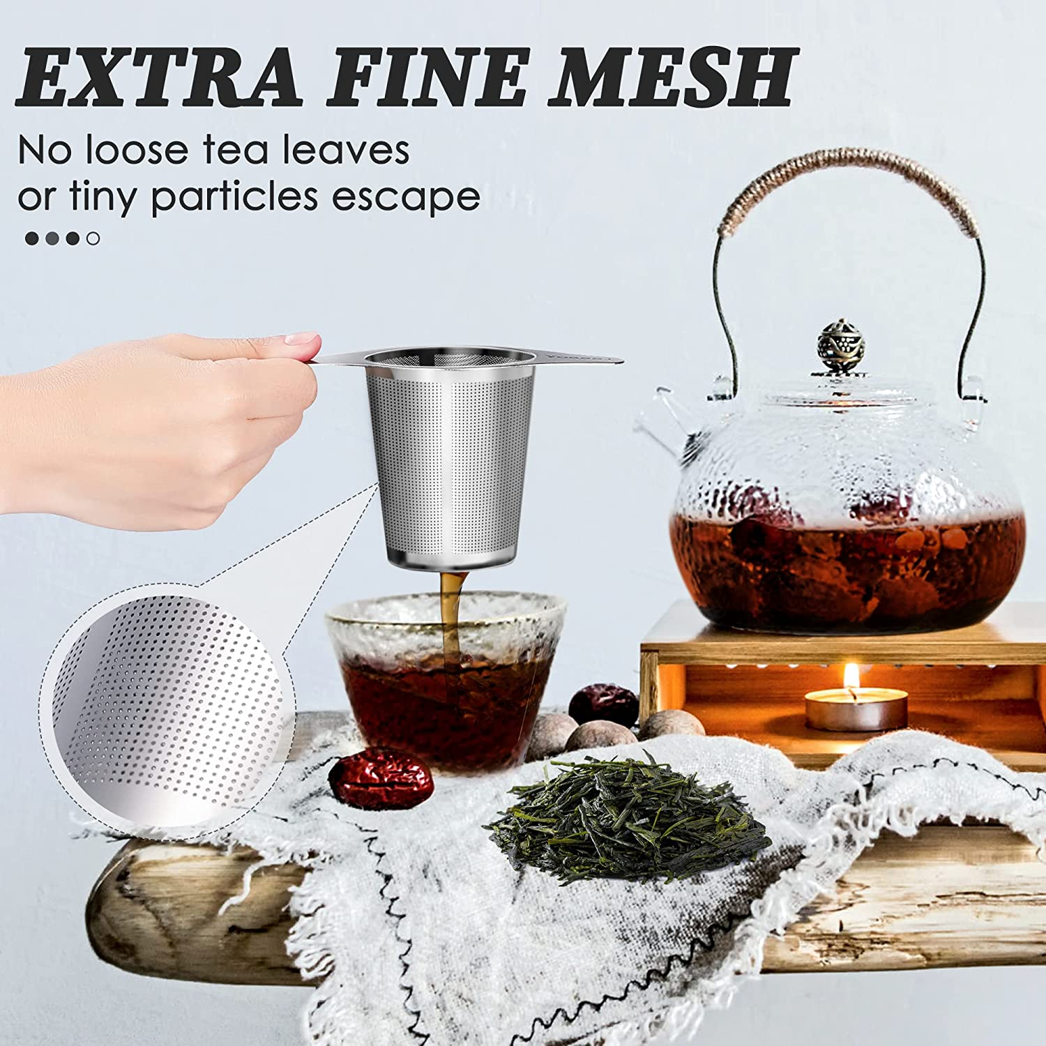 Extra Fine FDA Approved 18/8 Stainless Steel Tea Infuser Mesh Strainer with Large Capacity & Perfect Size Double Handles for Hanging on Teapots image number 1