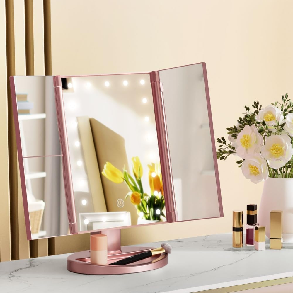 Embellir Tri-Fold Makeup Mirror 1X2X3X Magnifying Led Light Travel Portable Pink image number 3