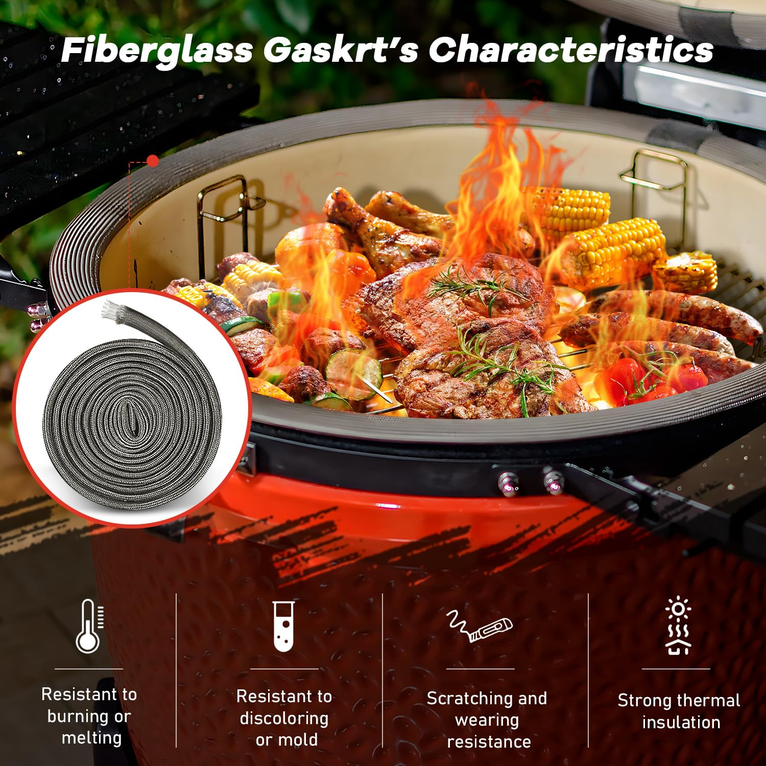 Wire Mesh Gasket Kit Fit for Kamado Joe Grill Classic High Temp Fiberglass Gasket Replacement BBQ Smoker Seal Accessories Self Stick Felt 150 in Long image number 6