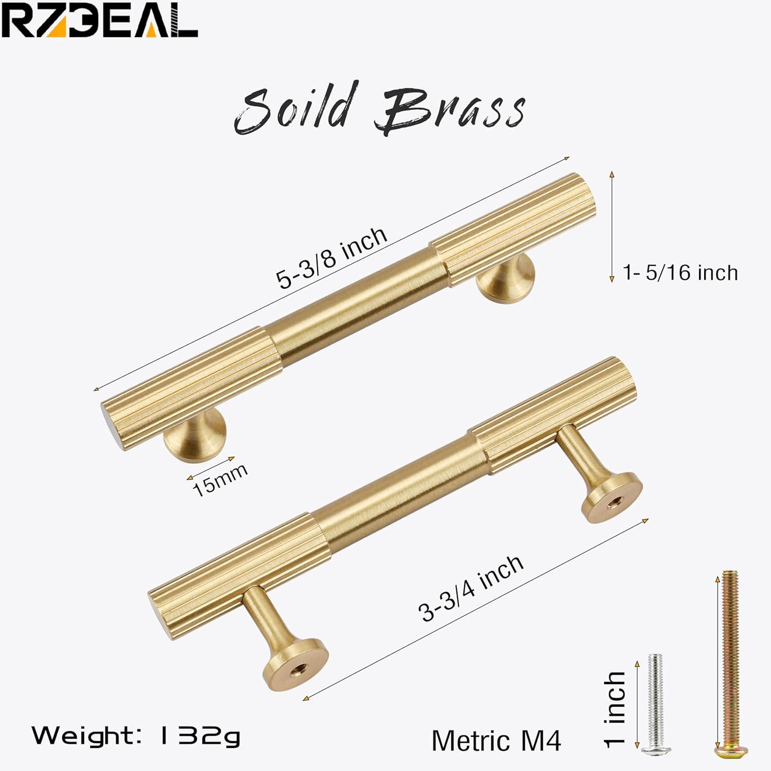 RZDEAL 4Pcs Solid Brass Gold Cabinet Pulls, 3-3/4-Inch Hole Centers for Kitchen Cupboard Handles Modern Drawer Dresser Pulls Bathroom Brushed Brass Cabinet Pulls Wardrobe Door Handles image number 6