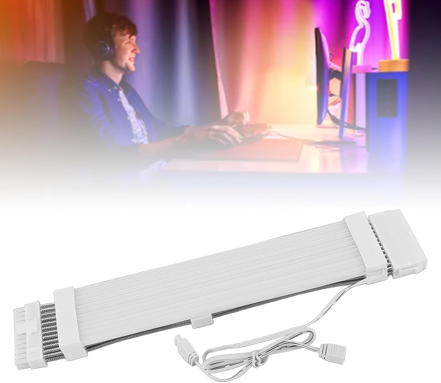 RASTKY RGB Power Extension Cable - Addressable 5V 3 Pin Synchronized ARGB PSU Extension Cable for Desktop Computer - 18AWG, Programmable Colorful Light Effects, Compatible with Aura, (24PIN image number 1