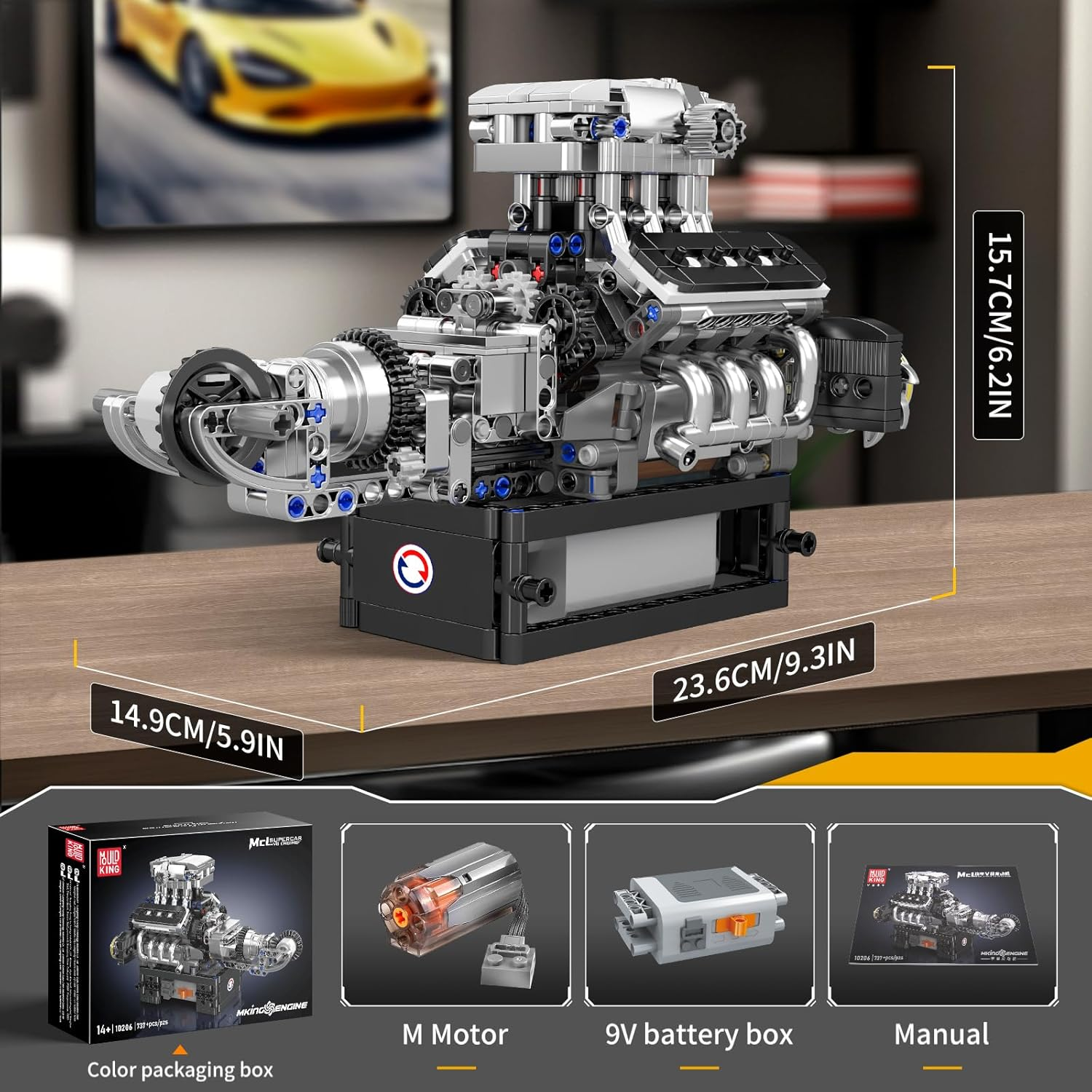 Mould King 10206 Technik V8 Engine Model Kit That Runs - Build Your Own Mini Engine, Car Engine Building Toys for Kids/Adults Collections(737 Pieces) image number 6