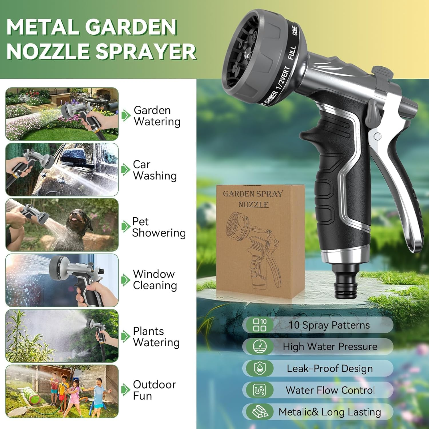 New Heavy-Duty Metal Hose Pipe Spray Gun, 8 Adjustable Spray Patterns Garden Hose Spray Gun, Leak-Proof Hose Gun, Garden Hose Nozzle for Watering, Cleaning, Washing Cars image number 4