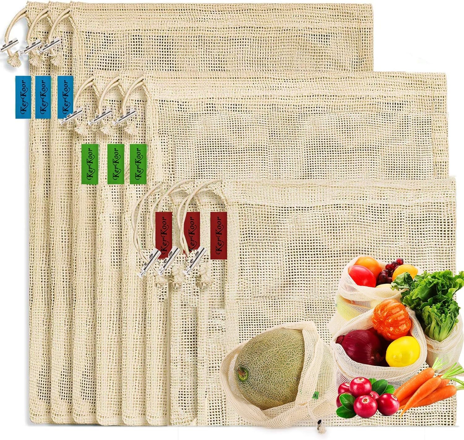 Reusable Cotton Mesh Produce Bags -Biodegradable Washable Eco-Friendly Premium See through Lightweight Net-Zero Bulk Bags for Veggie Fruit Vegetable Toys Grocery-Supermarket Shopping Storage Set of 9 image number 4