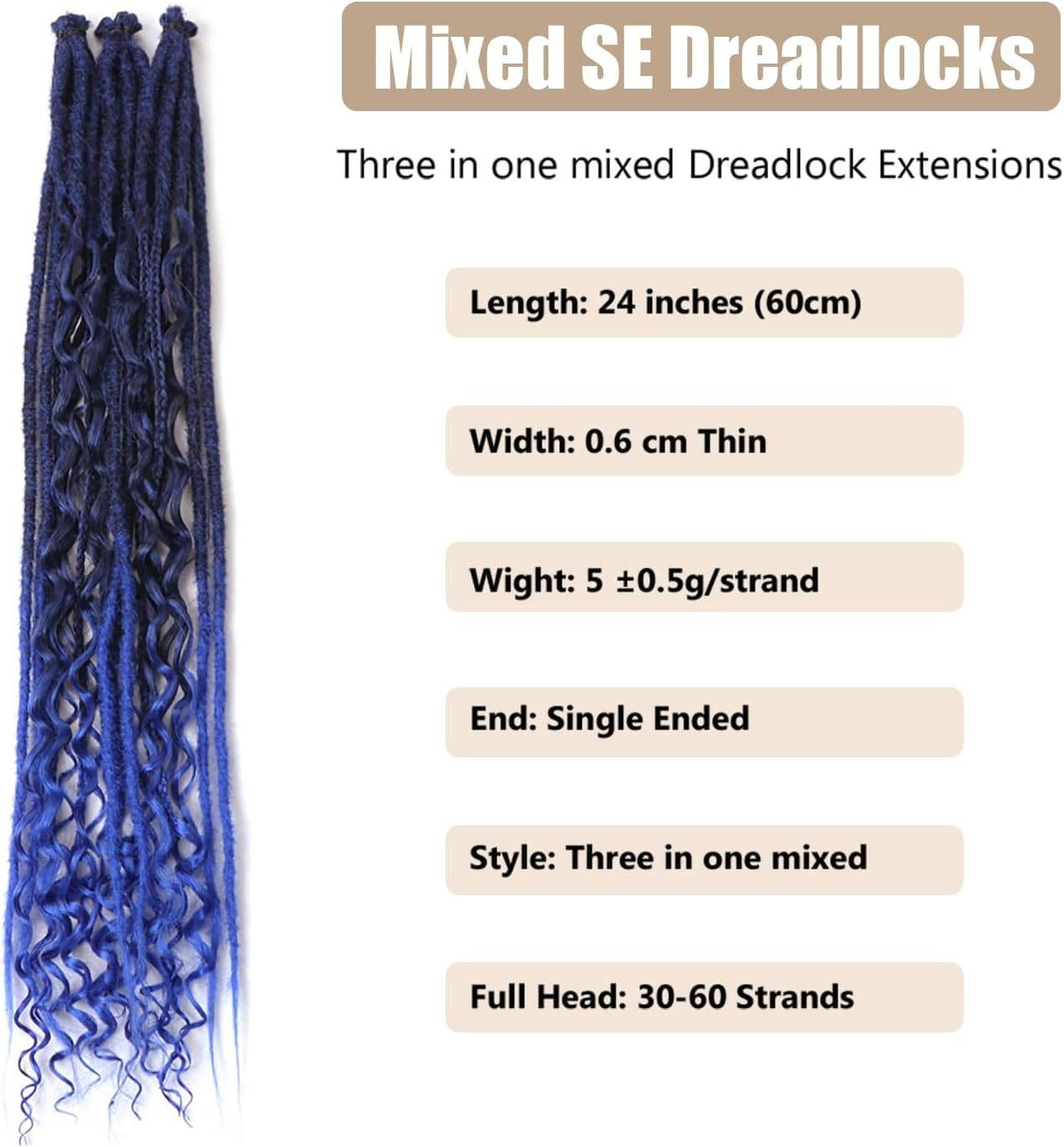 24 Inch Synthetic Dreadlock Extensions Hippie Single Ended Dreads 0.6 Cm Width Loc Extensions Reggae Style Crochet Hair for Women (T1B/Blue, 3 Styles Mixed 24 Inch(18 Strands)) image number 5