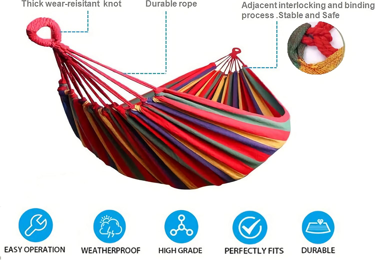 Single/Double Person Rainbow Cotton Fabric Canvas Travel Hammocks 500Lbs Ultralight Camping Hammock Portable Beach Swing Bed with Carrying Bag for Outdoors and Indoors image number 1