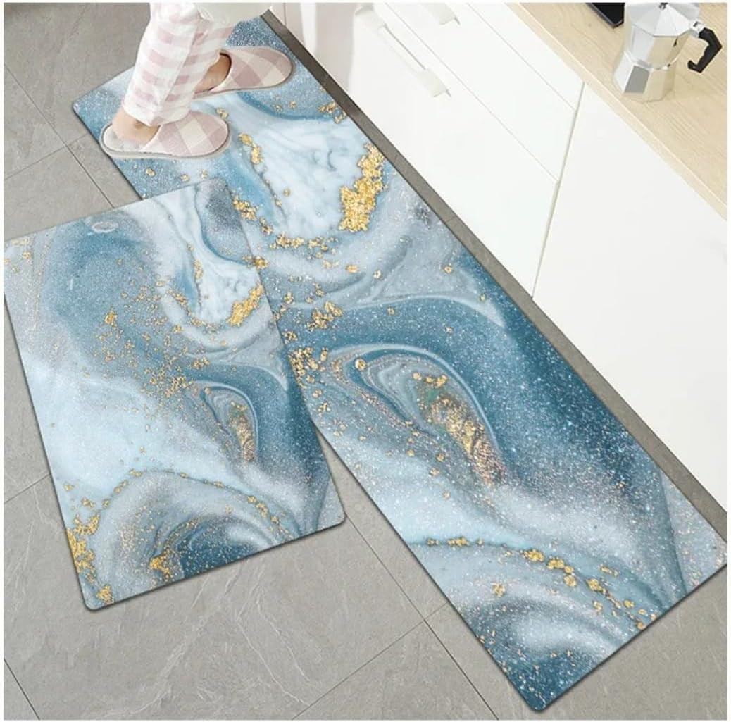 2 Pieces Non Slip Cushioned Kitchen Floor Mat Set,Marble Pattern with Gold Accents, 5Mm Thick PVC Non-Slip Waterproof Kitchen Rugs, 45X75Cm+45X120Cm, Light Blue image number 2