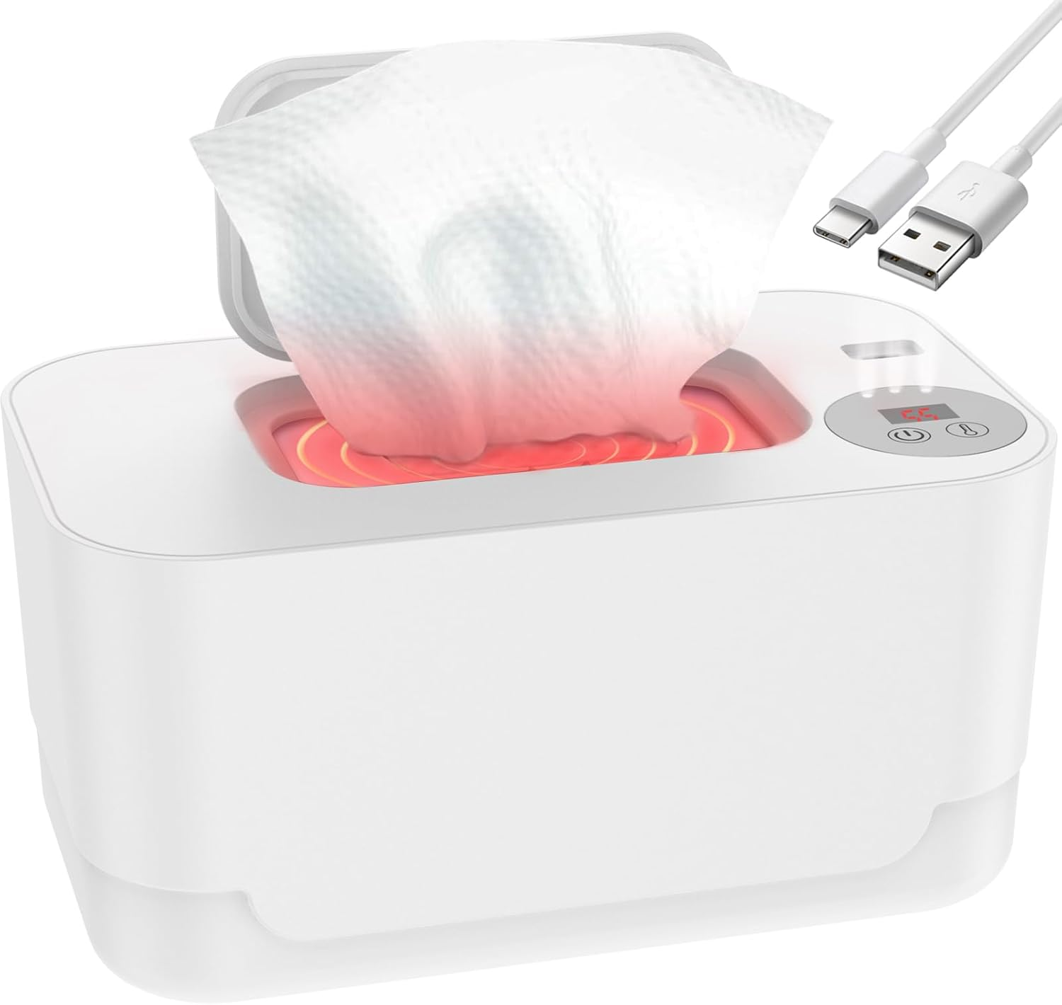 Baby Wipe Warmer with LED Light 40-55&deg;C Adjustable Baby Wipe Warmer Dispenser Portable Wipe Heater Warmer USB Powered Wet Wipes Warmer Diaper Wipe Warmer Keeps Wipes Warm and Moist for Baby Nursery Po