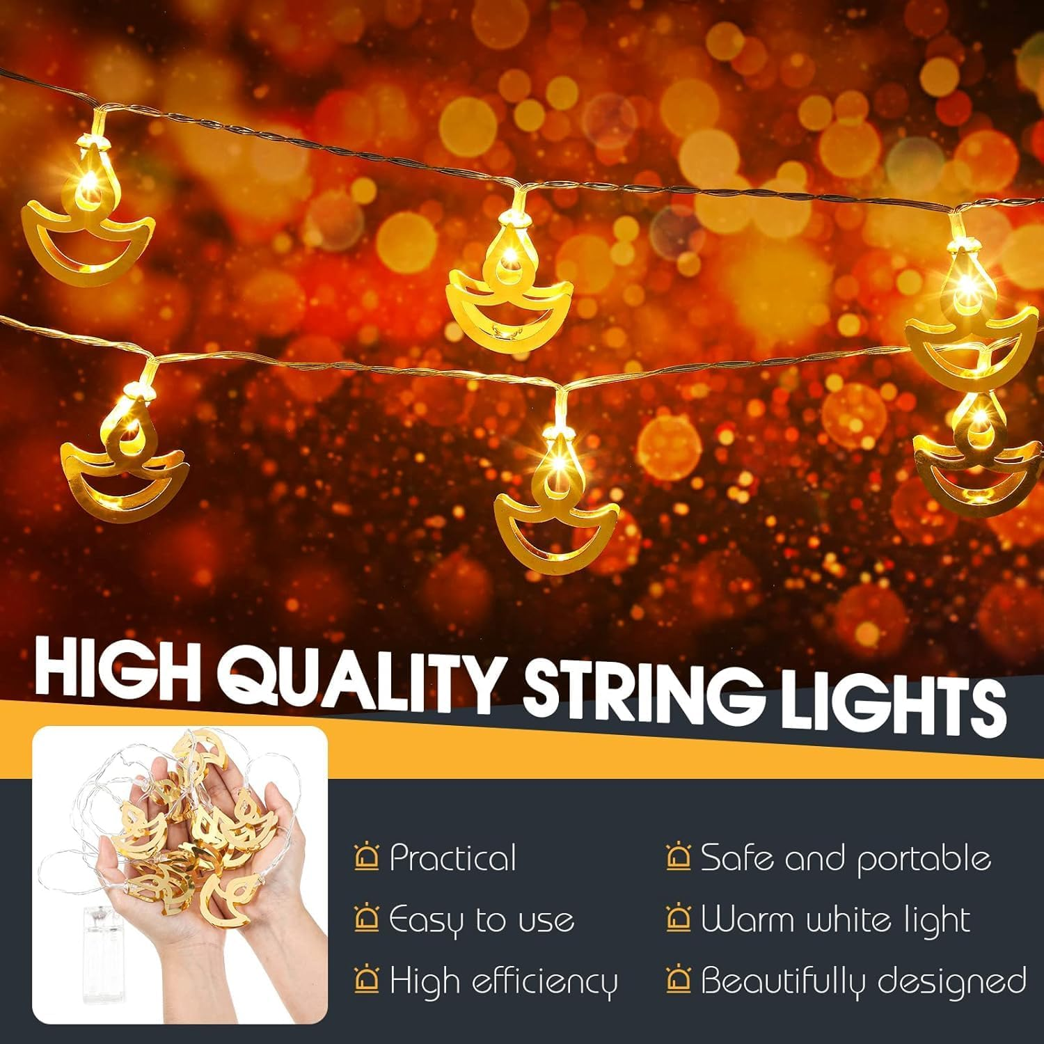 Tarpop 5.4 Ft Diwali String Lights, Warm White Decorative Starry String Lights Led Festival Lights Diya Fairy Lights for Diwali Wedding Party Indoor Outdoor Bedroom Lights Decoration