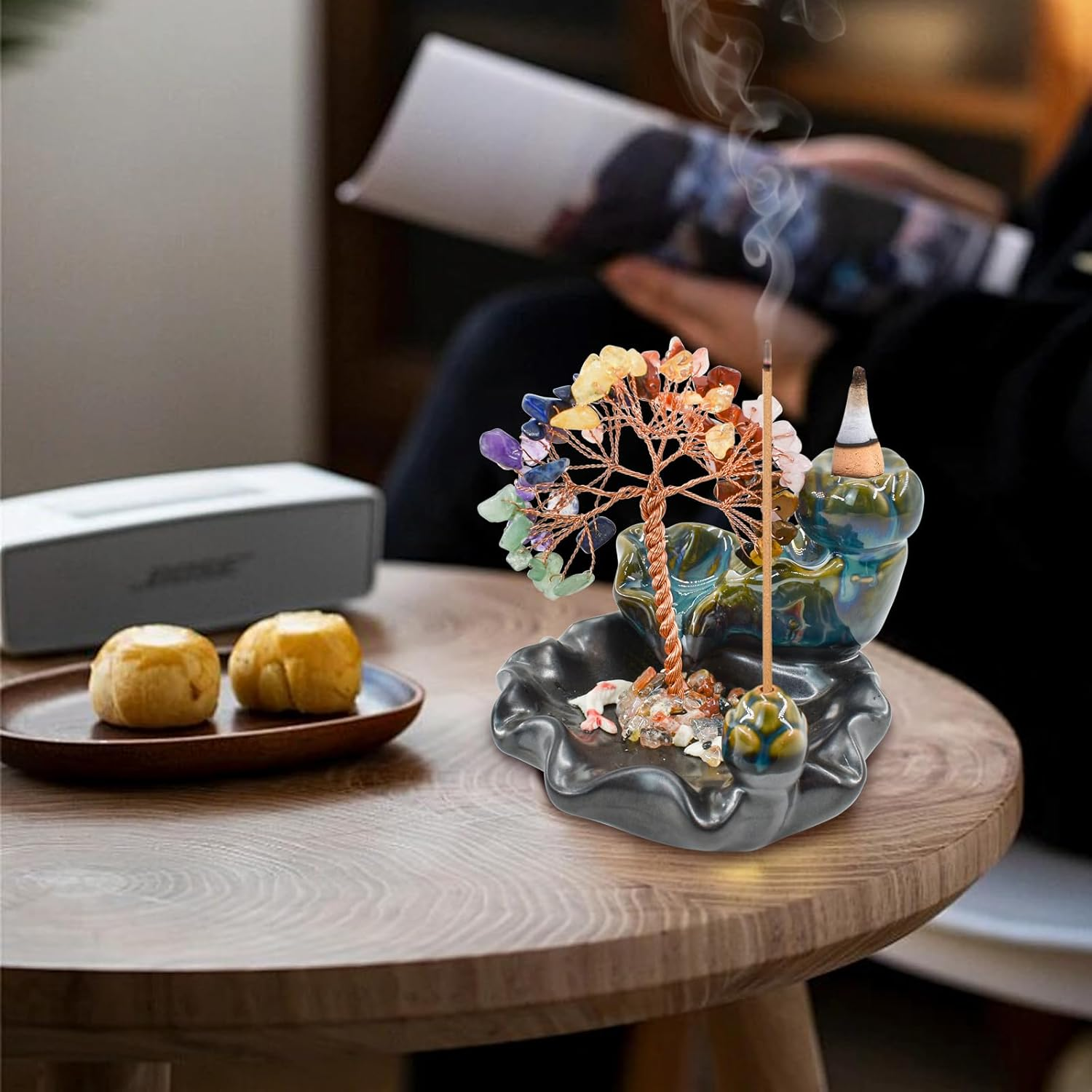 Mrmrkura Backflow Incense Burner, Ceramic Incense Waterfall Burner with 7 Chakras Healing Crystals Tree Fountain Incense Holders for Yoga Meditation Home Decor (Vertical) image number 1