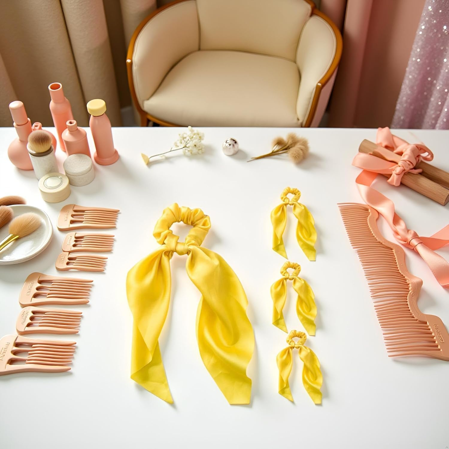 4 Pcs Yellow Women Girl Bow Satin Ribbon Ponytail Scarf Hair Tie Rope Scrunchies Elastic Band Hair Scrunchies Bands Elastics and Ties Hair Elastics Ties Hair Accessories image number 1