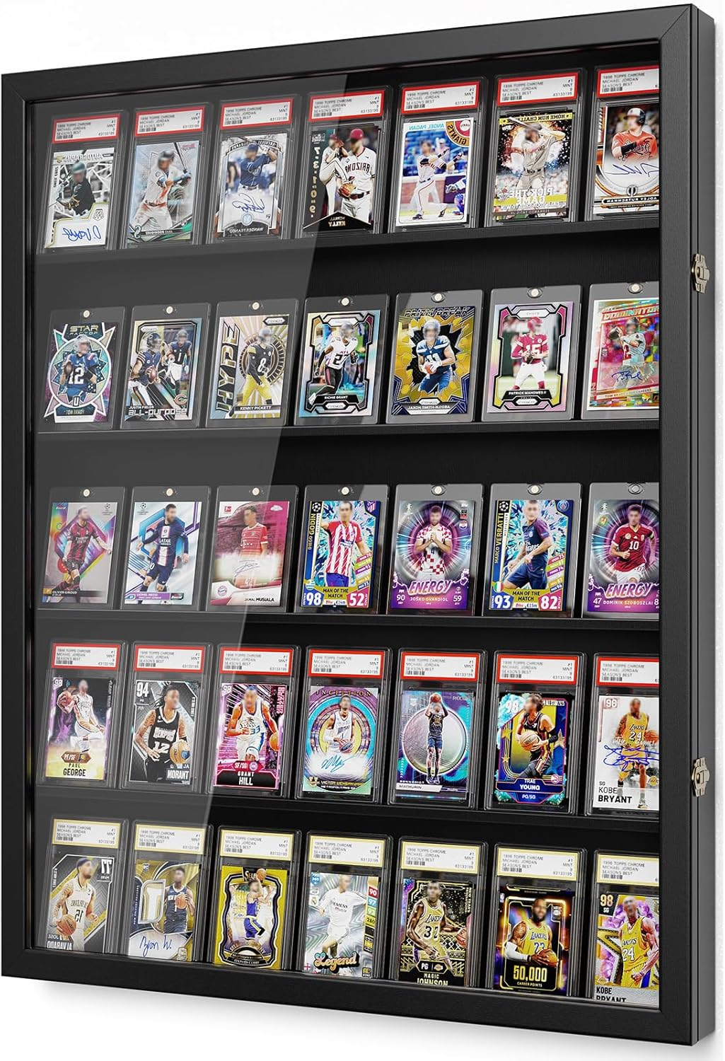 Baseball Card Display Case for 35 Graded Sports Cards Display, Large Clear View Trading Card Display Frame, Lockable Wall Cabinet for Basketball Football Hockey Trading Cards，Black
