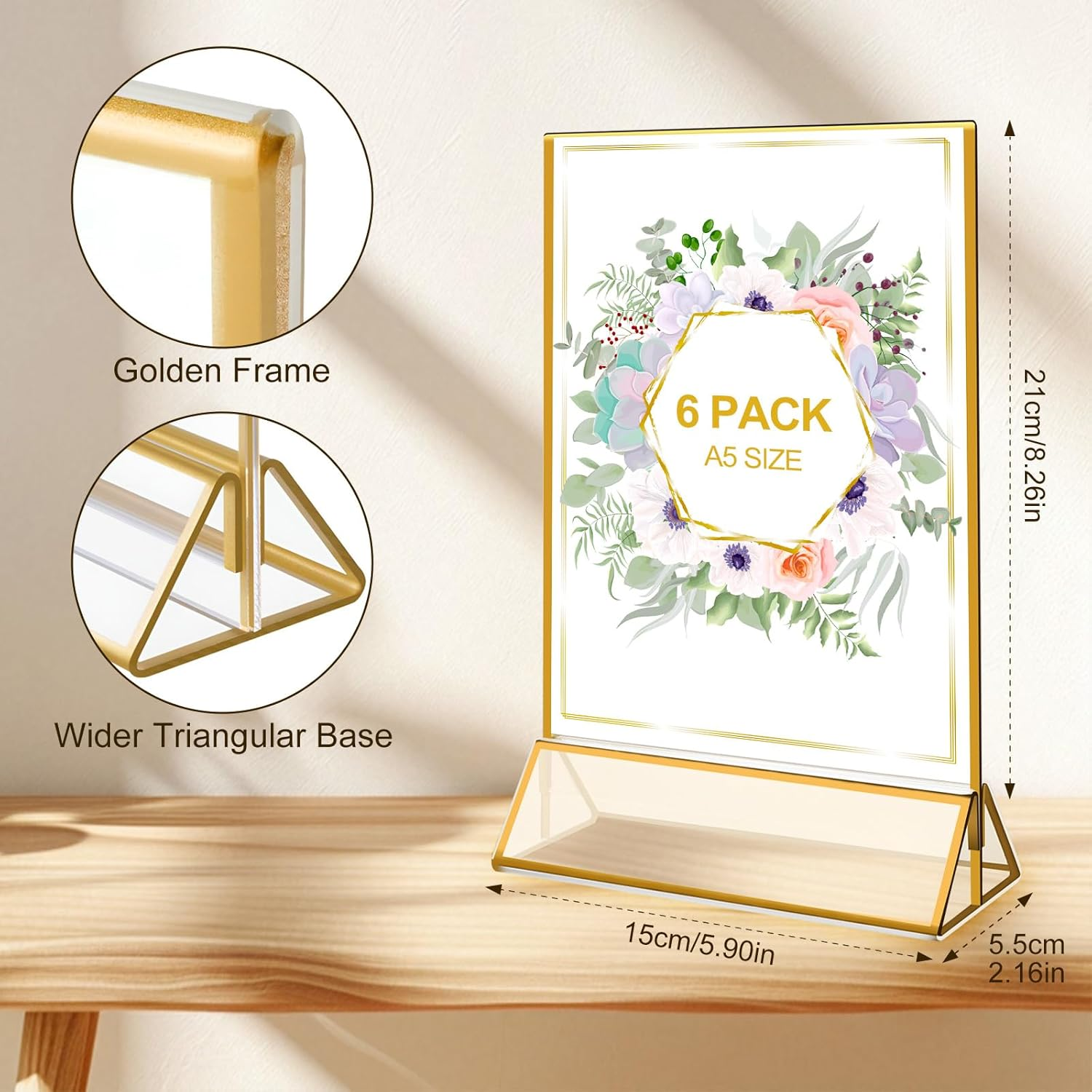 6 Pack A5 Gold Border Acrylic Sign Holders, Table Number Holders for Wedding, Double Sided Menu Display Stand, Poster Picture Frame, Clear Tabletop Holder for Store Restaurant Party Office