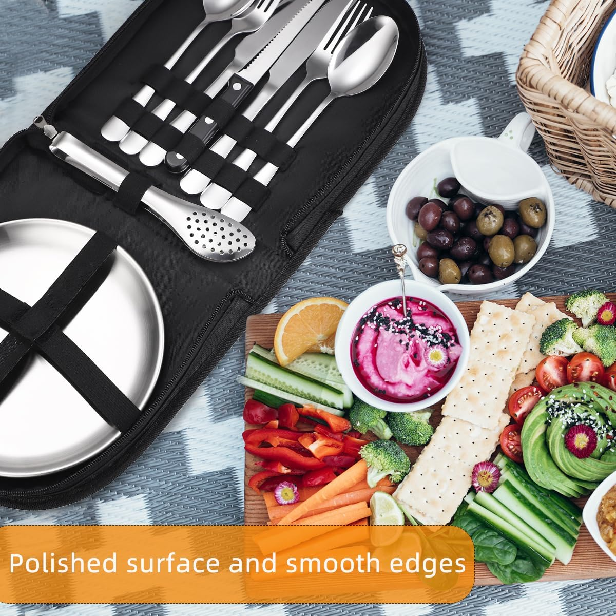 Portable Outdoor Cutlery Set for Picnic, Camping Dinnerware Set with Spoon Fork Knife, 10 Piece Mess Kit for 2, Stainless Steel Silverware Set with Organizer, Travel Camping Flatware Set (Silver)