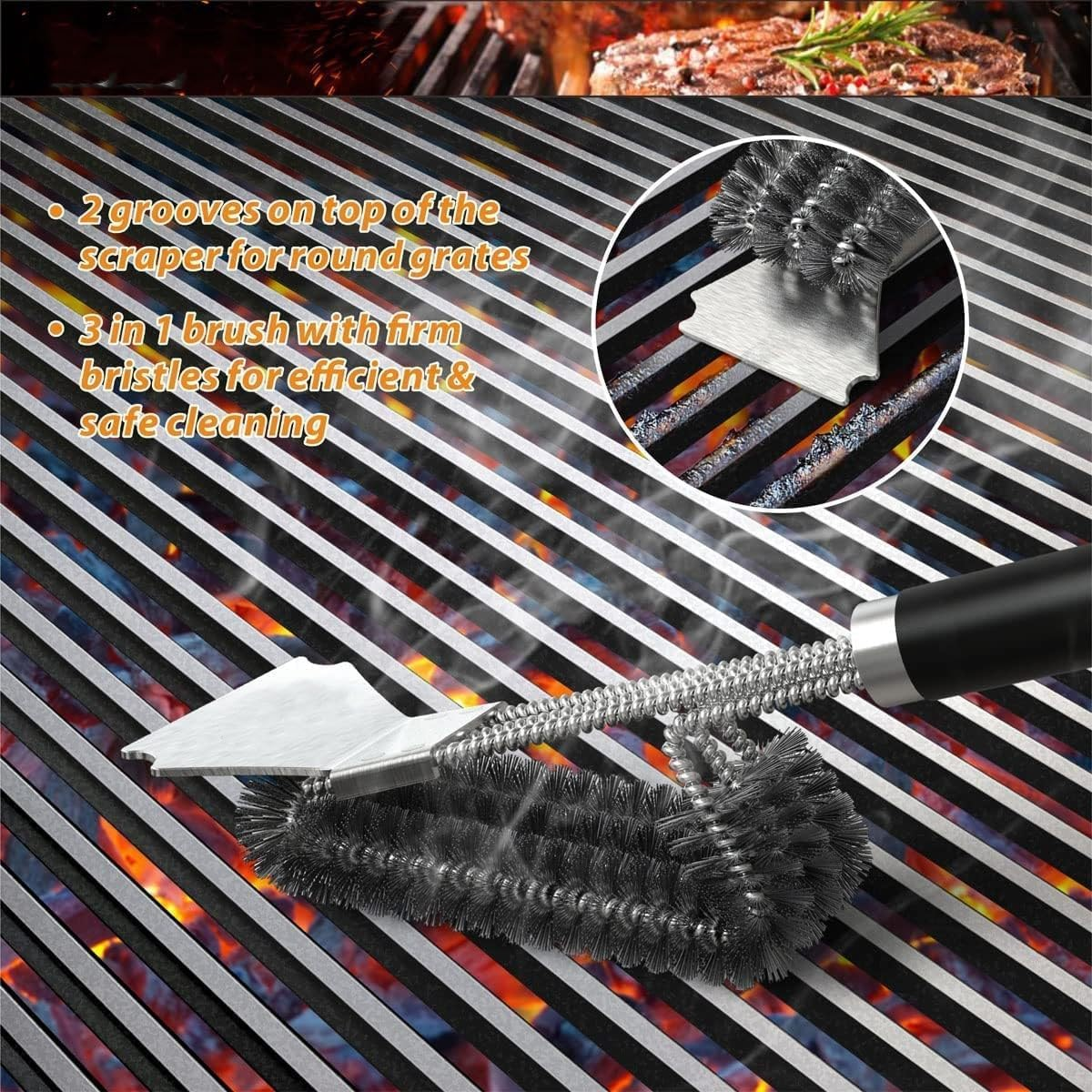 Grill Brush and Scraper, BBQ Cleaning Brush and Stainless Steel Bristles and Extra Long PP Handle, Barbecue Brush for Cleaning Charcoal Grill, Electric Grill image number 4