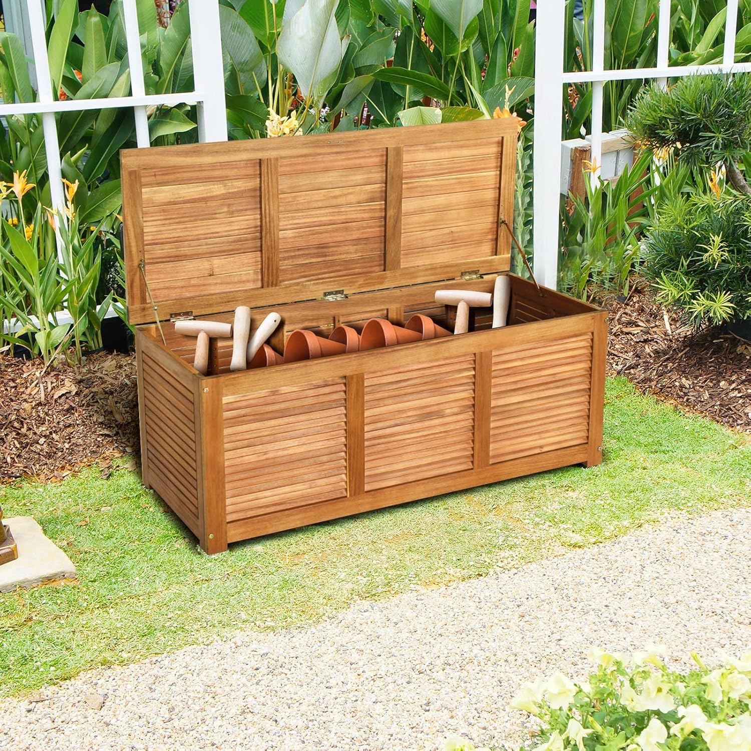 Costway Outdoor Acacia Wood Storage Bench, Garden Backyard Storage Box, Outdoor Storage Container for Patio Furniture Cushions and Gardening Tools