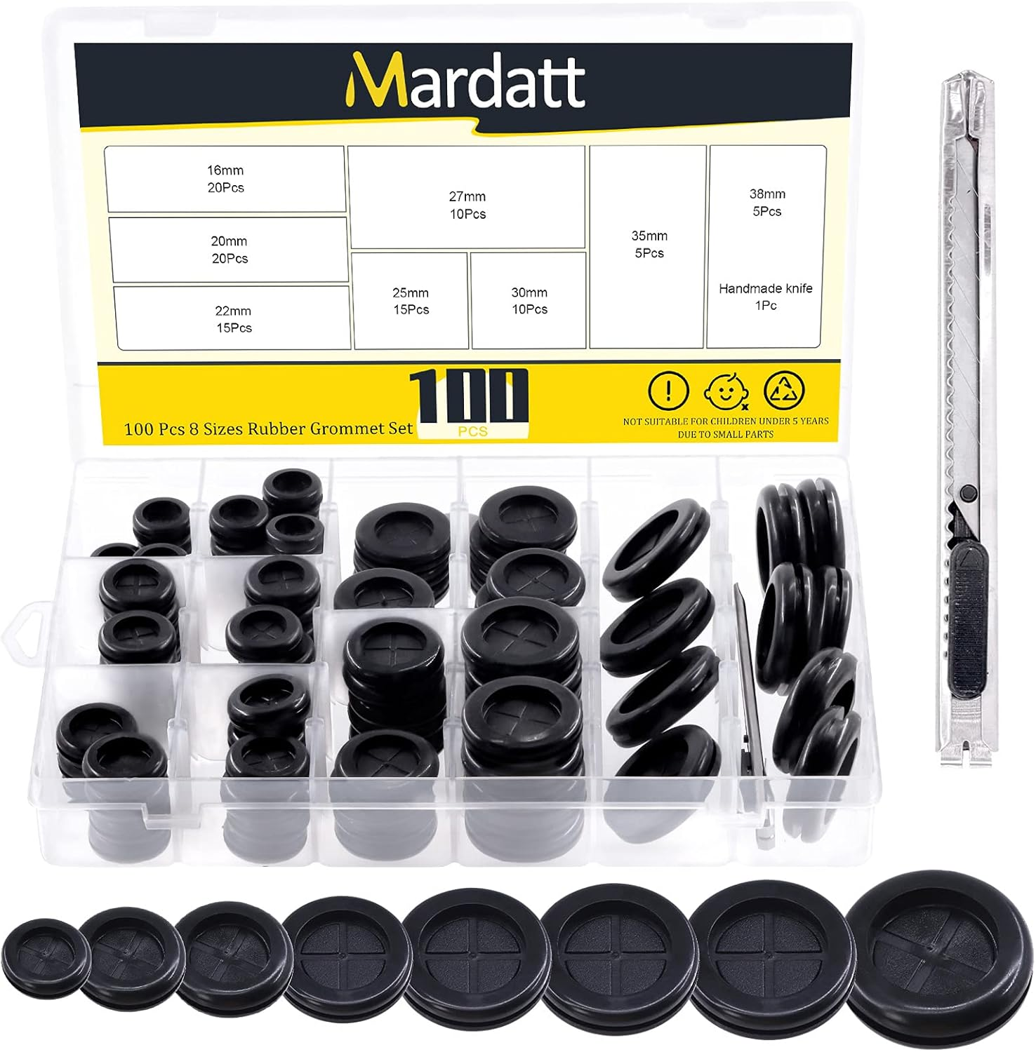 Mardatt 101 Pcs 8 Sizes Rubber Grommet Set, 16-38Mm Double Sided round round Electrical Wire Gasket with Storage Box and Knife, Solid Ring Gasket Rubber for Cable Firewall Hole Plug Auto image number 4