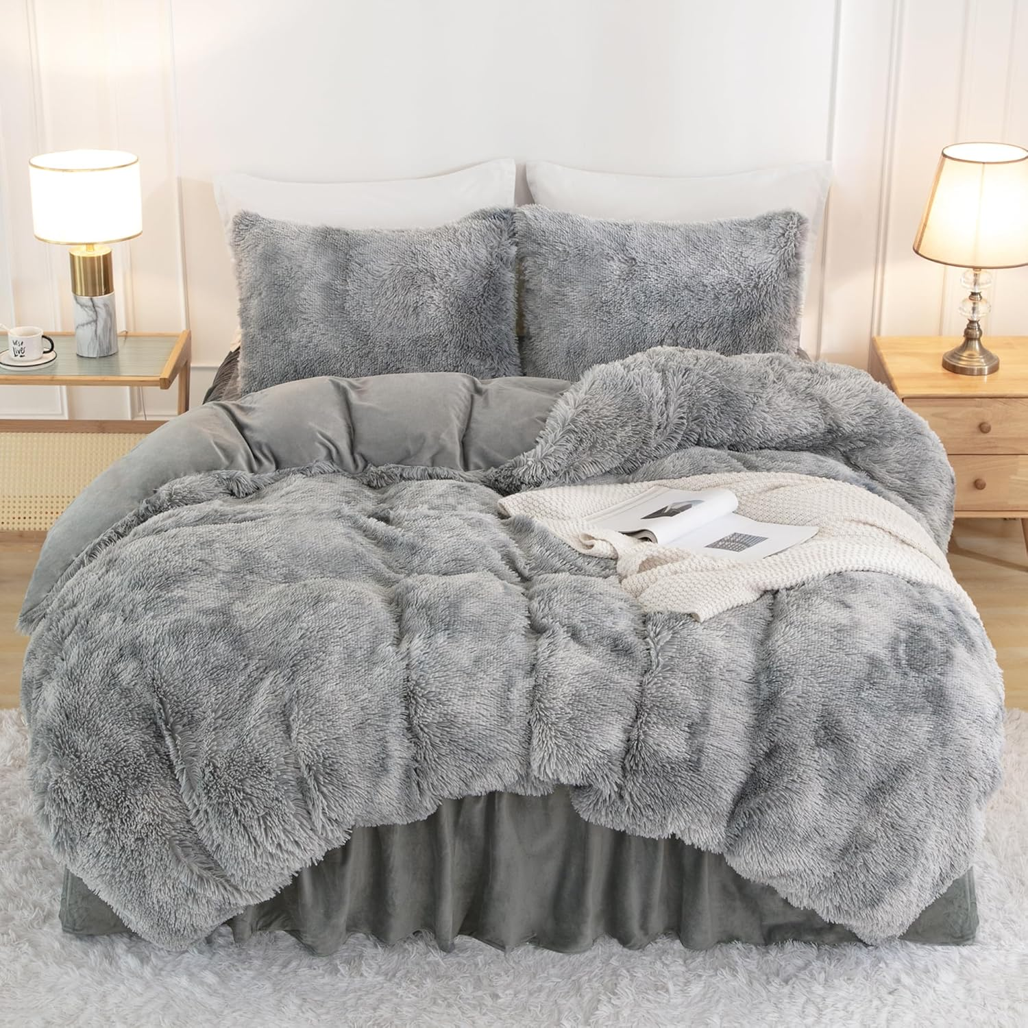 Annadaif Plush Shaggy Duvet Cover, Tie Dye Gray White Fluffy Comforter Cover Set Queen Size, Fuzzy Faux Fur Bedding Set with Zipper Closure, Luxury Ultra Soft 3 Pieces (1 Duvet Cover, 2 Pillowcases) image number 6