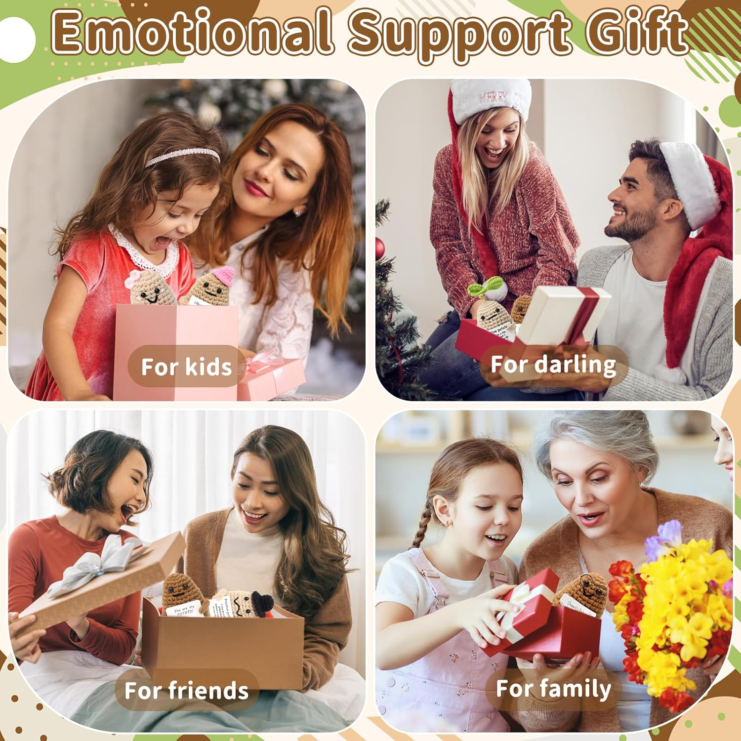 ZCOINS 6 Pcs Crochet Emotional Support Positive Potato for Women, Small Plush Novelty Funny Emotional Support Potato Pickle Toys with Positive Note for Desk Home Decor Birthday Valentines Gift image number 2