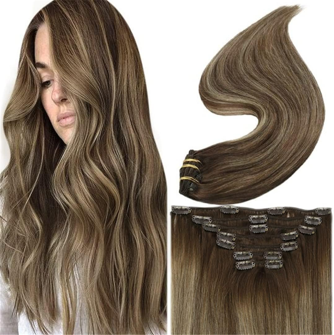 Clip on Human Hair Extensions Piano Hightlight Color Hairpins 7Pcs 100G Double Weft 100% Machine Remy Natural Hair 4 24 4 22Inches 100G image number 1
