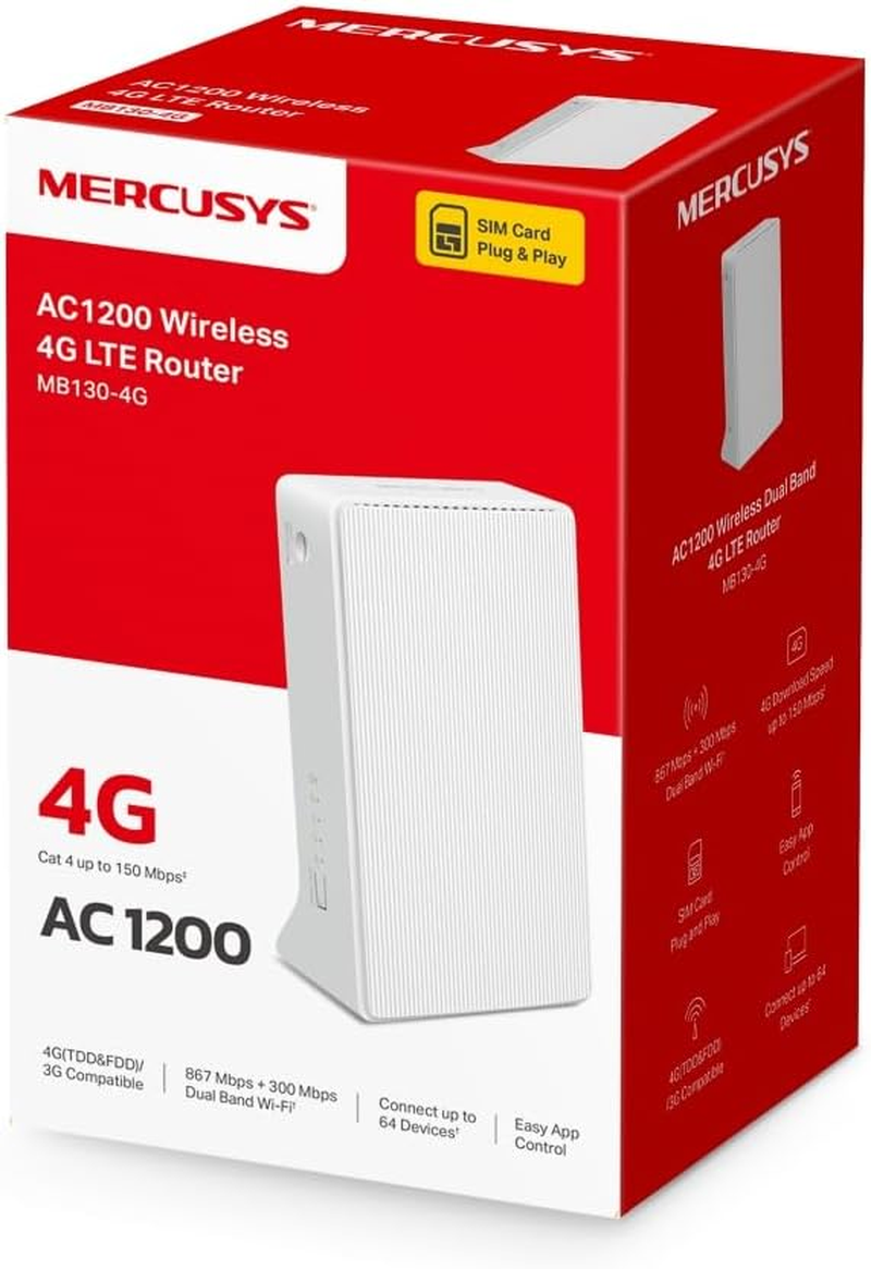 Mercusys AC1200 Wireless 4G LTE Wi-Fi Router, Dual Band, Plug a SIM Card & Play, Simultaneous Connects up to 32 Wi-Fi Devices, External Antennas Ports, Wi-Fi Router Mode (MB130-4G) image number 1