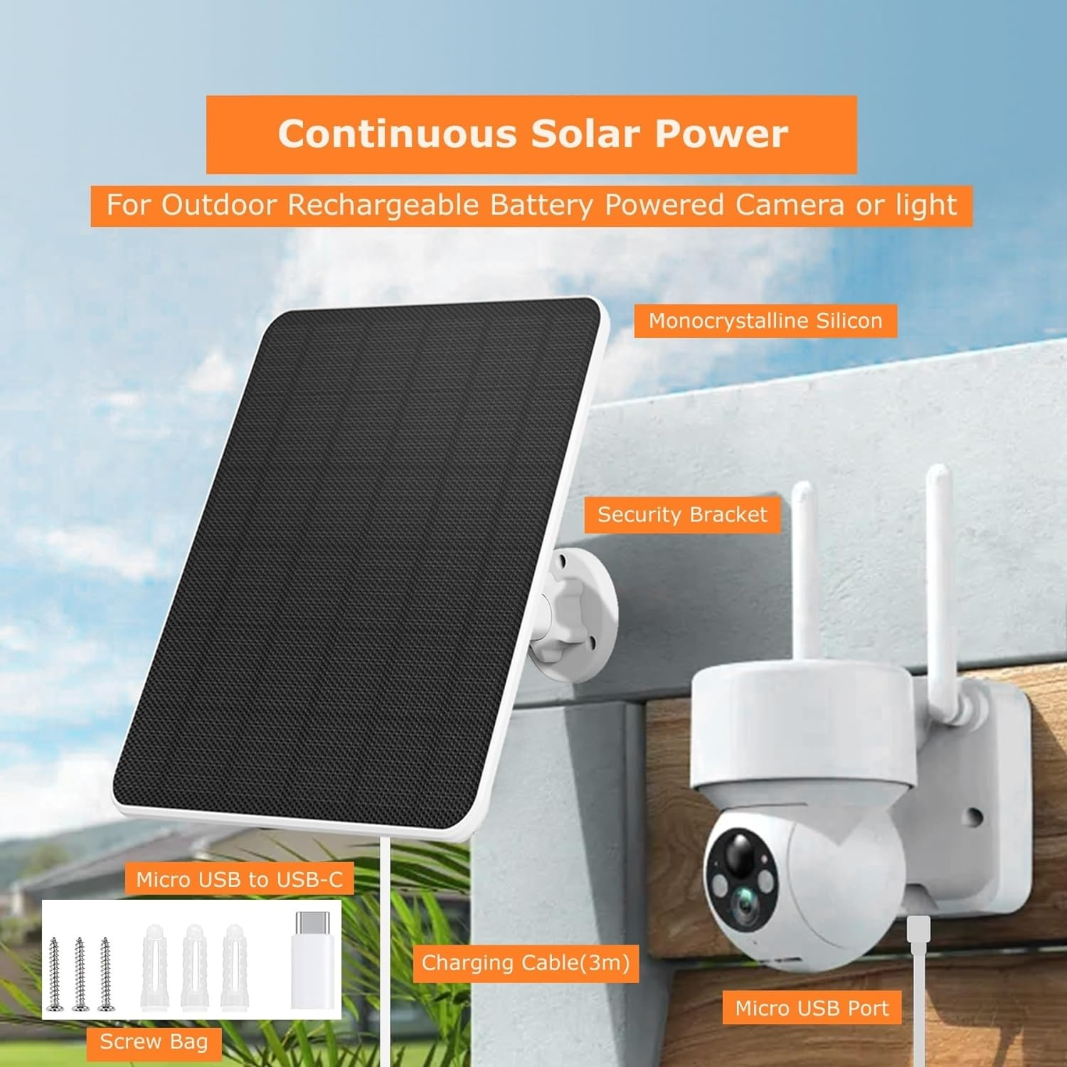 Solar Panel for Security Camera,6W Solar Panel Micro Usb&Usb-C,Camera Solar Panel for Outdoor Rechargeable Battery Camera,Doorbell,Light,Solar Panels with IP65 9.8Ft Cable,Adjustable Bracket(1 Pack)