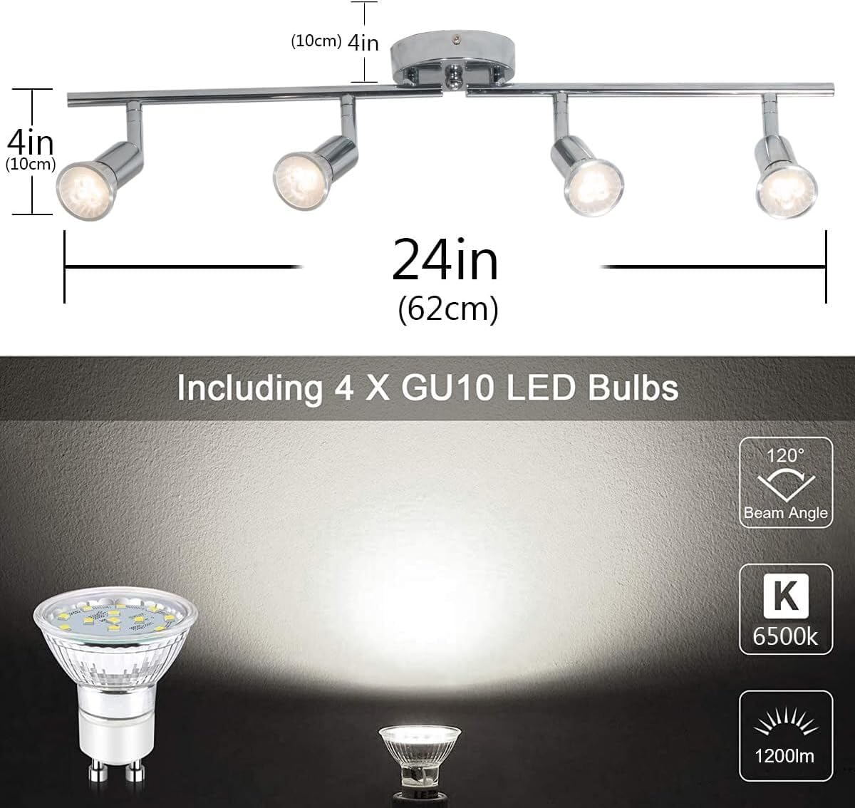 Ganeed 4-Light Track Lighting, Flush Mount Ceiling Spot Lights Fixture, Modern LED Track Light with Chrome Flexibly Rotatable Light Head for Kitchen Living Room, 4&times;GU10 Bulb (Included) - Black-24W/L82Cm image number 3