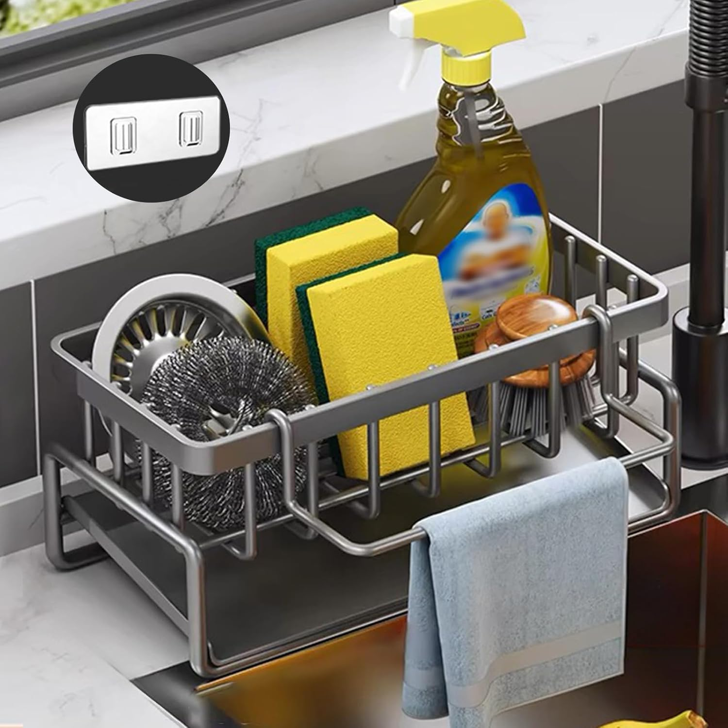 Kitchen Caddy Sponge Holder,Organiser Bathroom Kitchen Storage Sink Drainer Grey image number 1