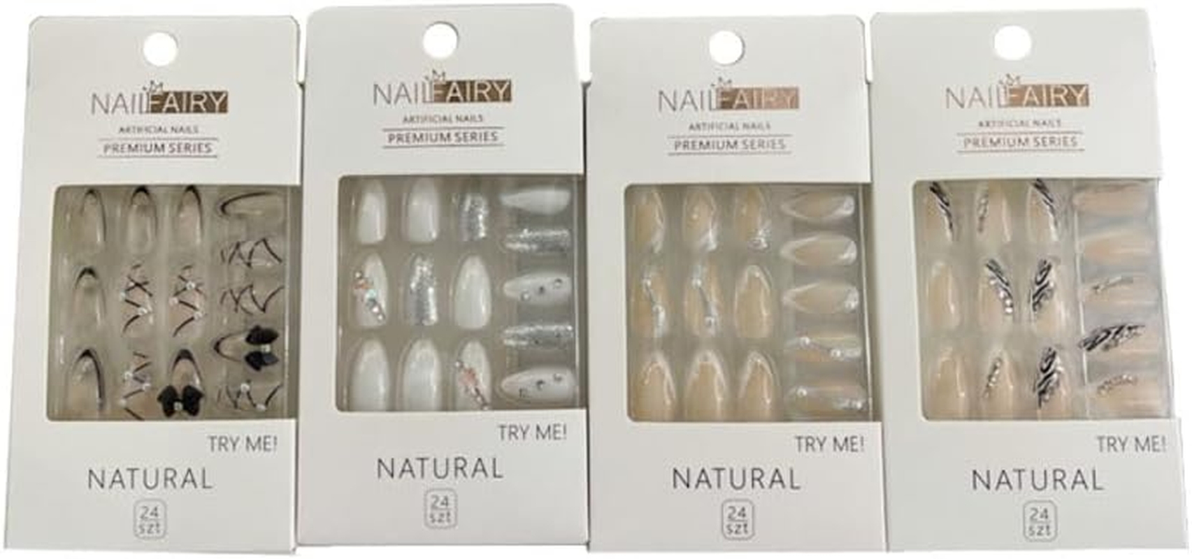 [4PK] Lylac Homeware Press-On Nails Set, 24 Pieces, Premium Natural Designs with Decorative Elements, Mixed Patterns