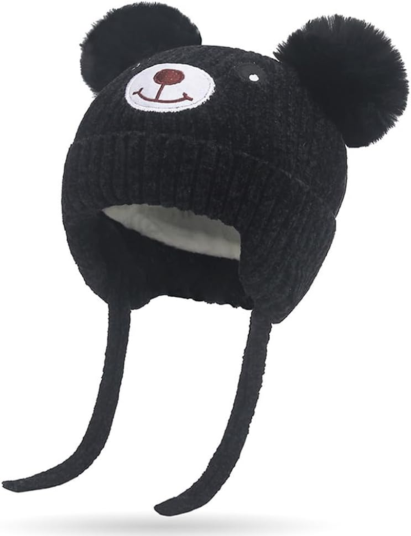 Cute Bear Kids Winter Fleece Lined Knitted Hat with Ear Flaps Dual Pom-Pom Chenille Furry Beanie Earflap Warm Beanie Hat with Strap Cold Weather Warm Hat for 1-5 Y Infant Toddler Boys Girls - Black image number 6