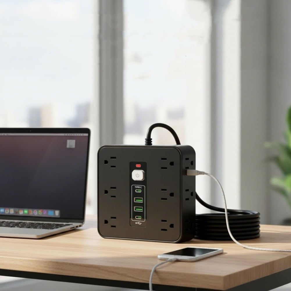 16-In-1 Power Strip with Switch & Surge Protection, ETL Listed Fireproof Power Strip,16 in 1 Power Strip Surge Protector with 12 Ac Outlets,2 USB-A Ports, 2 Type-C Port, for Home (Black*2) - White*2 image number 5