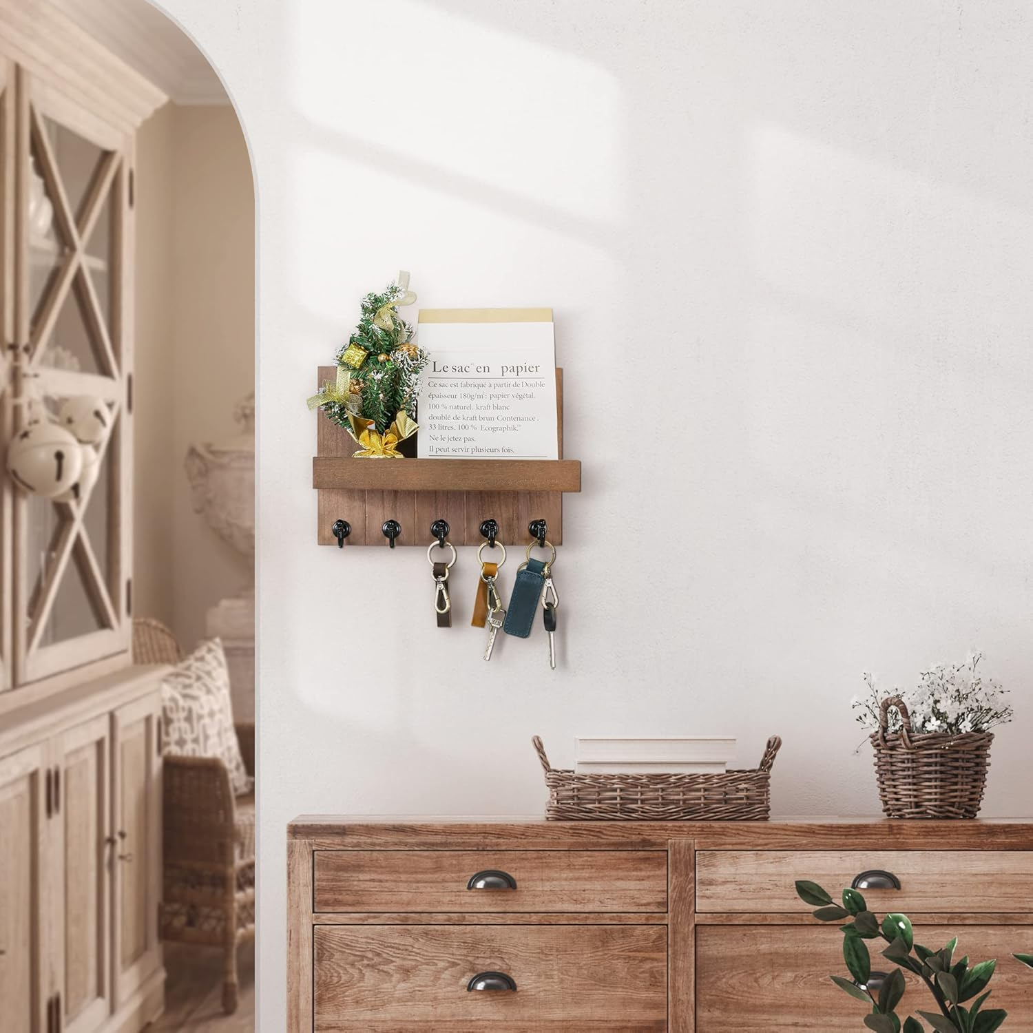 Rebee Vision Decorative Key Holder for Wall - Rustic Key Hooks with Shelf and Mail Organizer Wall Mount for Farmhouse Home Decor or Living Room - Home Essentials for New Home (Retro Brown) image number 6