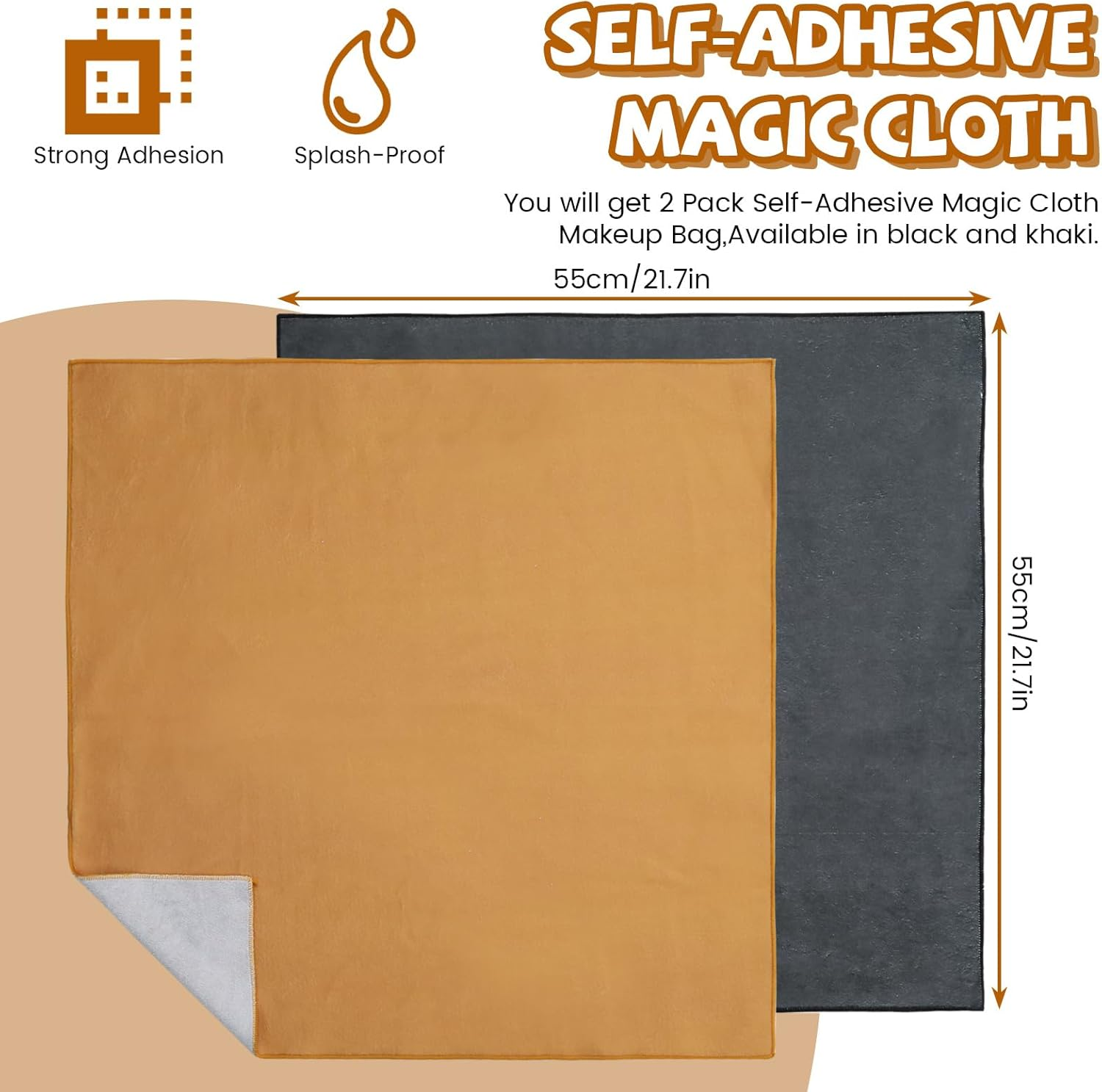 Diakey 2 Pieces Magic Fabric Self Adhesive Makeup Bag 55X55Cm Scratch Resistant Lens Camera Packaging Cosmetic Bag Organizer Open Flat for Travel Toiletry, Black/Khaki image number 5