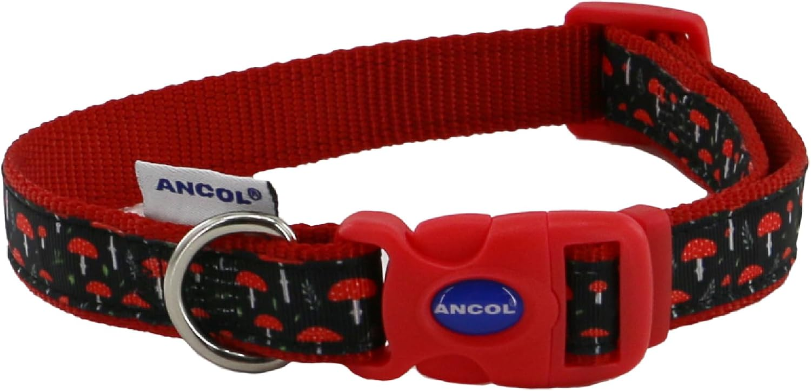 Ancol Mushroom Patterned Srong Hardwearing Nylon Adjustable Dog Collar to Fit Neck 45-70 Cm Size 5-9