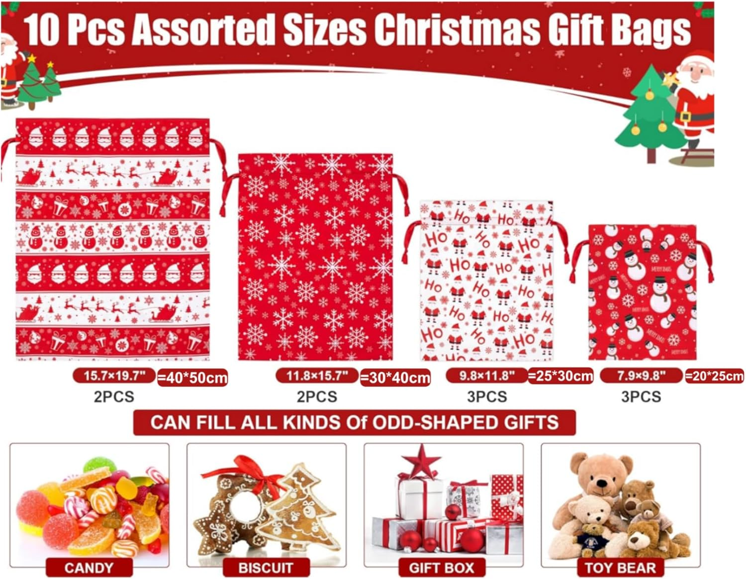10Packs Christmas Drawstring Gift Bags with Tags, Red White Xmas Fabric Wrapping Bag for Presents Party Favors Decor Goody image number 4