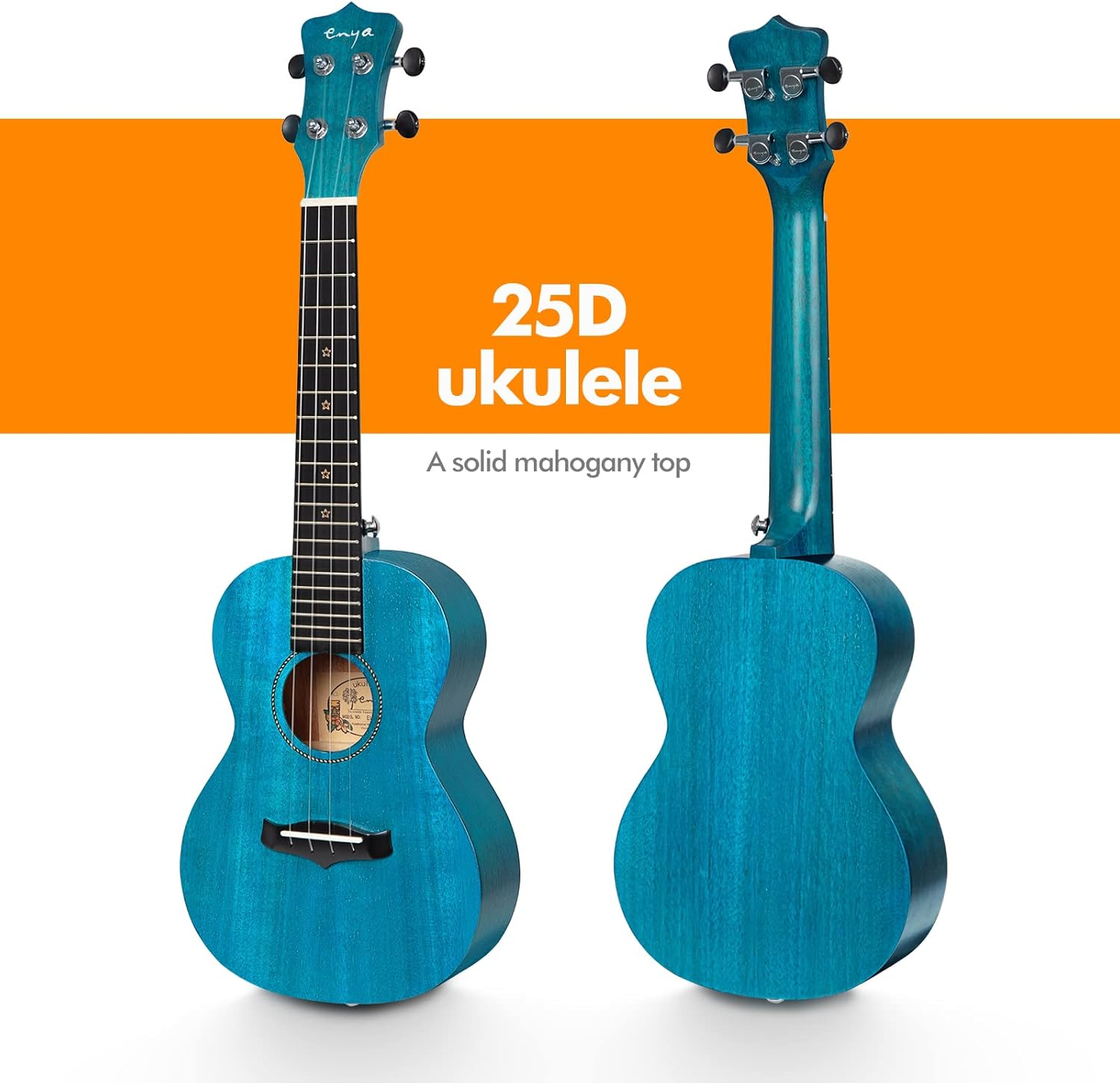 Enya Concert Ukulele 23 Inch Blue Solid Mahogany Top with Ukulele Starter Kit Includes Online Lessons, Tuner,Case, Strap, Strings, Capo, Sand Shaker, Pick,Polish Cloth (EUC-25D BU) image number 5