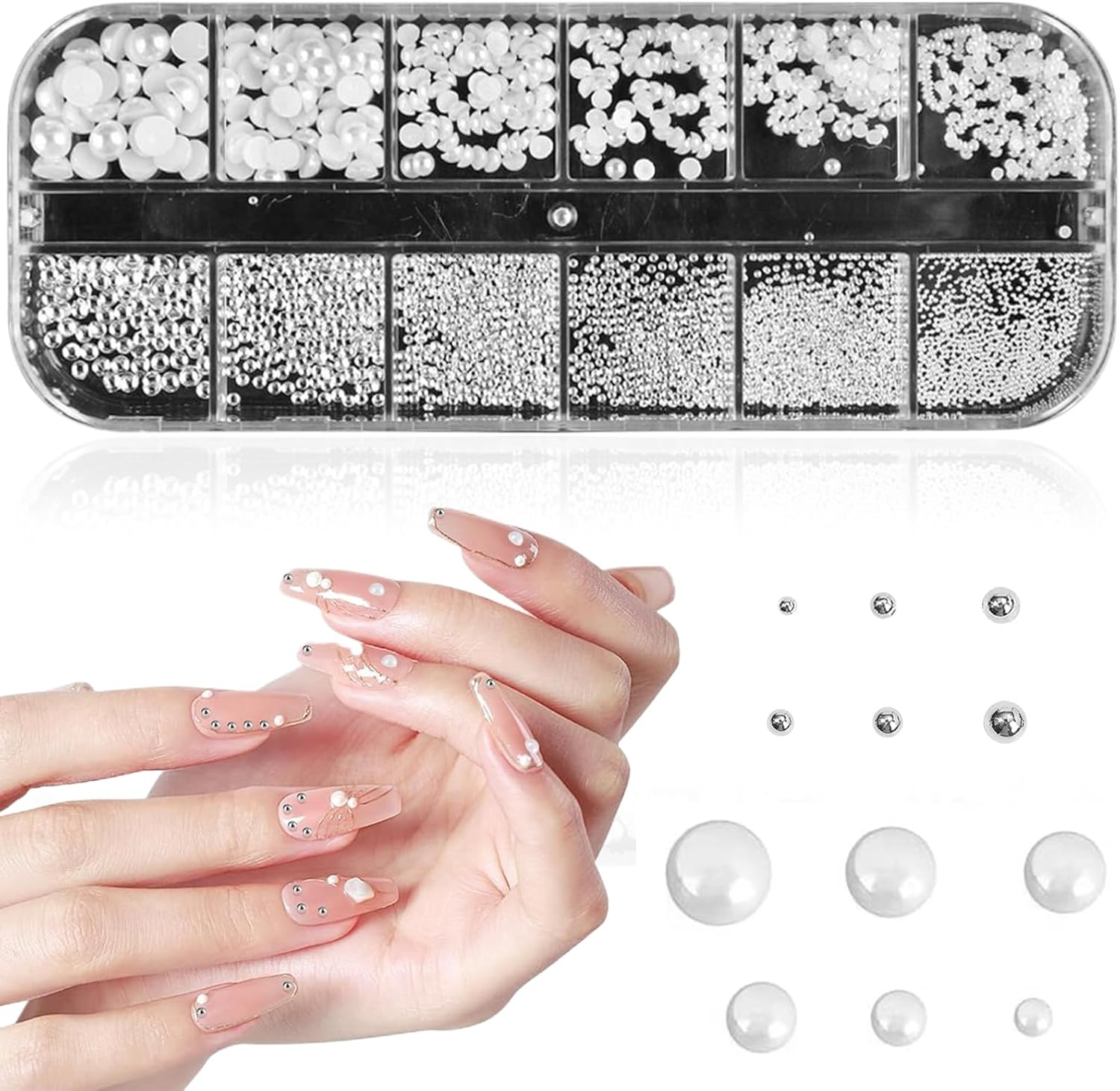 1 Box Nail Art Rhinestones, White Pearls for Nails, Half round Pearl Balls, Nail Pendants, Stainless Steel Beads, White Flat Back Beads for Women, Nail Decorations image number 2