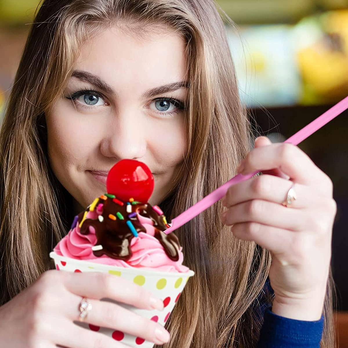 Ice Cream Scoop Straws Straws with Spoons, Assorted Colours, Pack of 100 image number 3