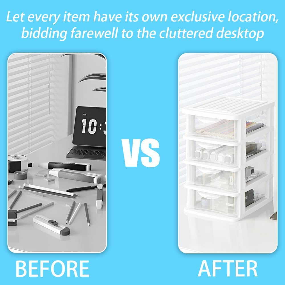 4 Layer Clear Plastic Drawer Oragnizer, Drawers Closet Storage Box, Desktop Container Case for Office Bedroom Living Room Organizer, 14.2 * 18.3 * 23.5Cm, White image number 5