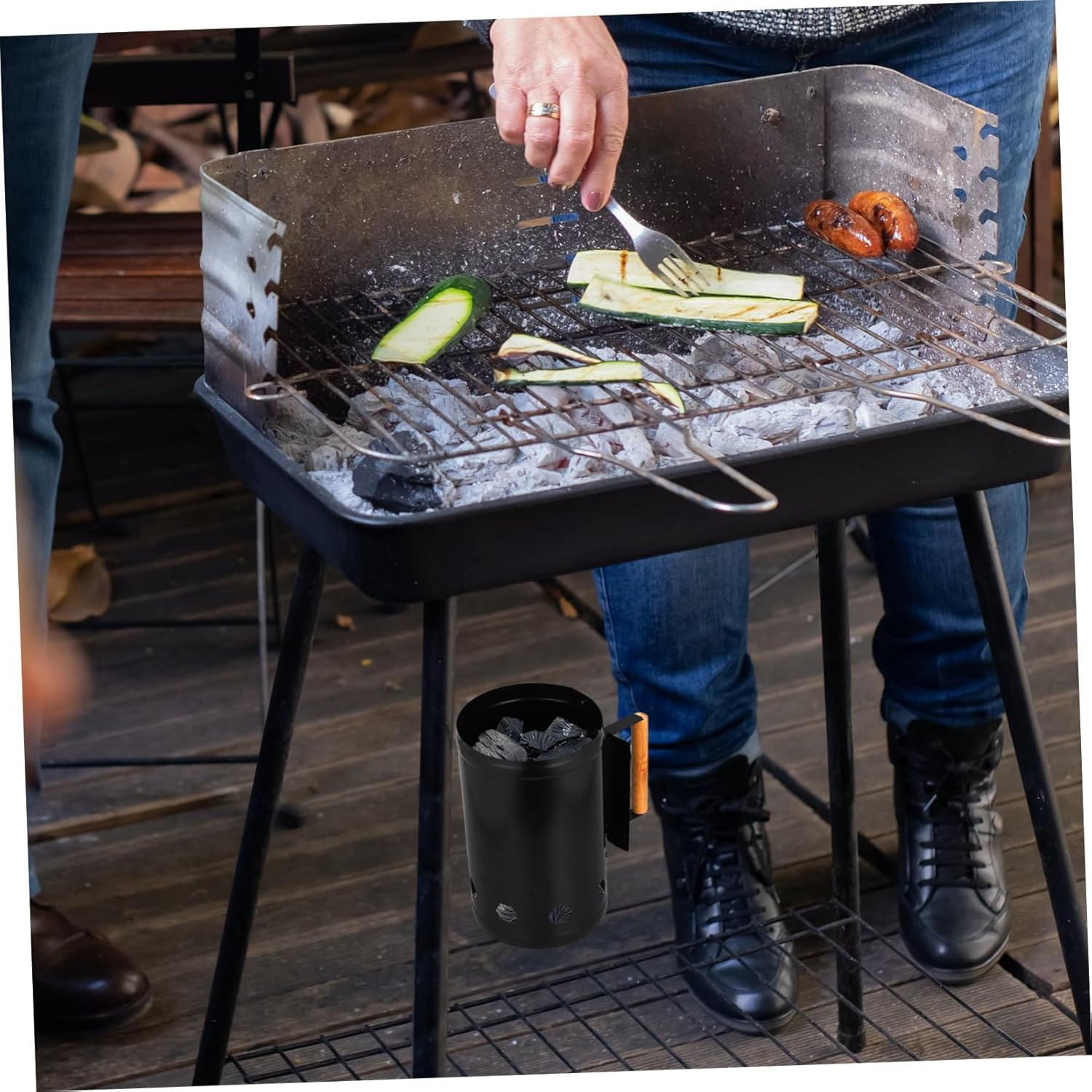Garneck Charcoal Chimney Starter Barrel with Natural Wooden Handle Thickened Steel Burning Carbon Barrel for Outdoor BBQ Camping Six Air Inlets for Fast Ignition and Heat Random Color image number 2