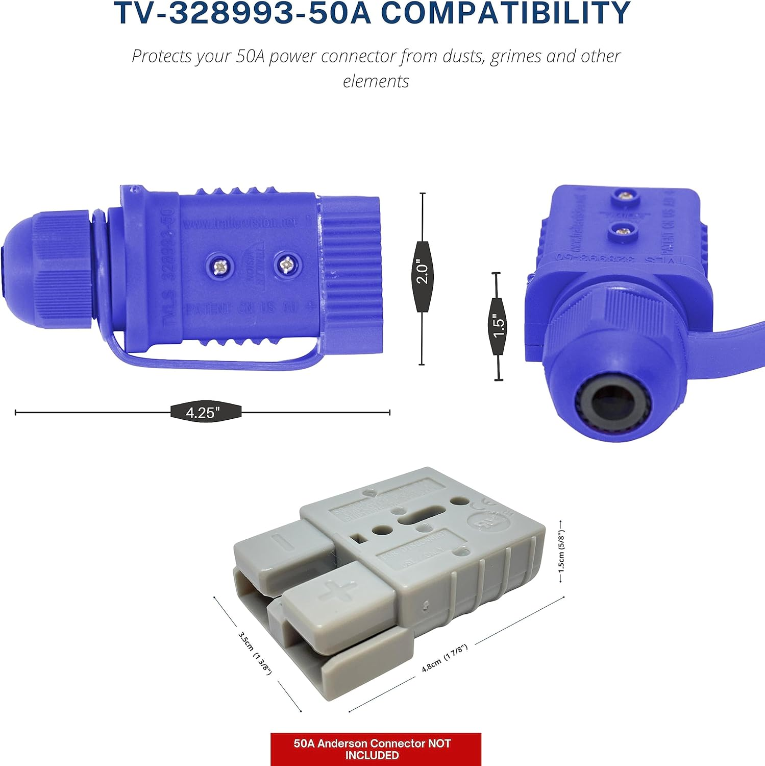 Trailer Vision 50 Amp Anderson Connector Cover Assembly with Rubber Dust Cap & LED - Protective Sleeve for SB50 Anderson Plugs Quick Connect System for Caravans Trailers Trucks Ute 4WD - 50A Blue image number 5