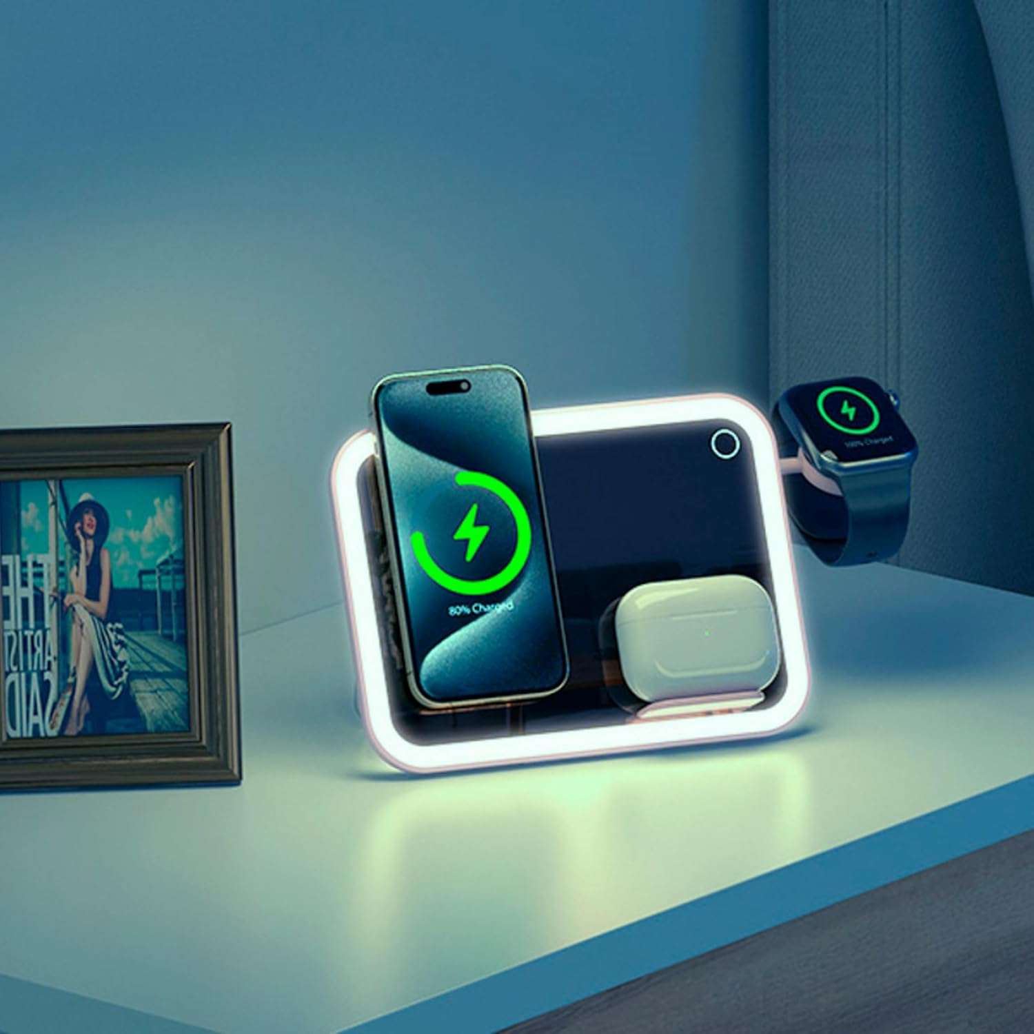 Laser Mirror Wireless Charger 3 in 1 Qi2 Certified &ndash; Makeup Mirror with LED Light, Fast Wireless Charging Stand for Phone, Earbuds, Apple Watch &ndash; Foldable, Magnetic, USB-C Powered (Pink) image number 6