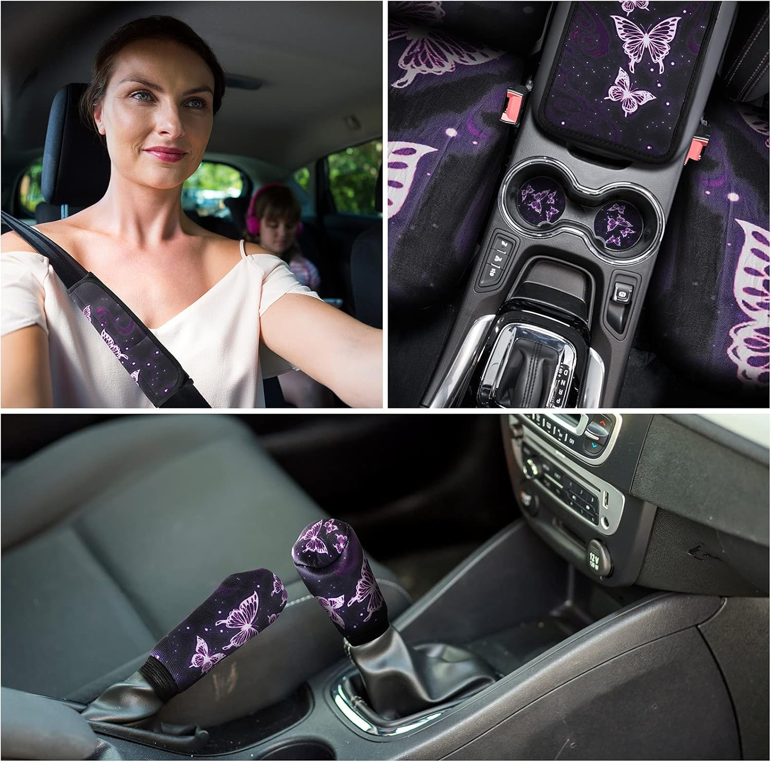 Frienda 24 PCS Butterfly Car Accessories Car Seat Covers Full Set Floor Mats Steering Wheel Cover Seat Belt Pads Center Console Pad Cup Holders for Women(Purple Butterfly Pattern) - Blue Butterfly Pattern image number 5
