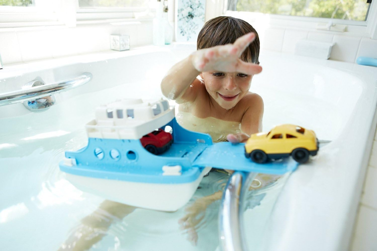 Green Toys Ferry Boat with Mini Cars Bathtub Toy, Blue/White image number 4