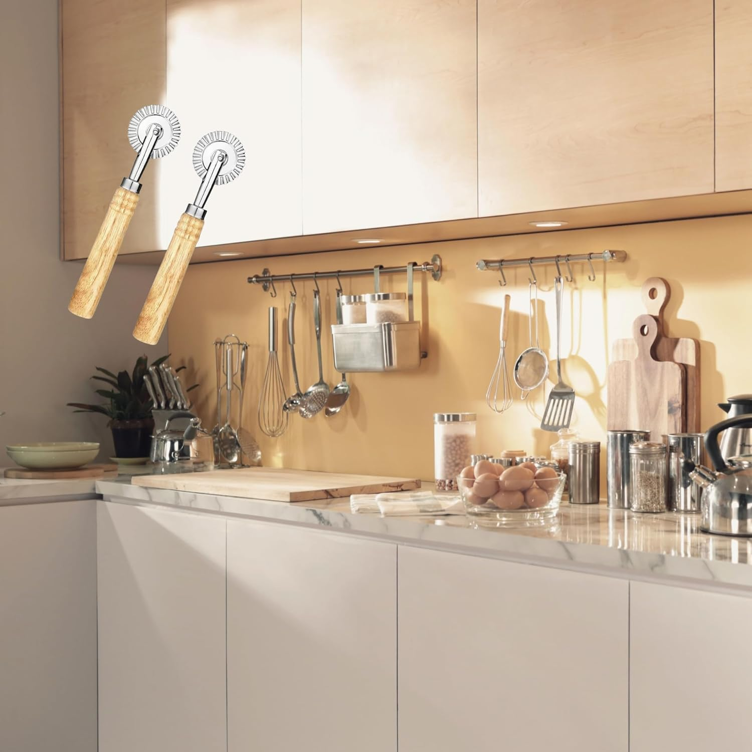 Pastry Wheel Cutter 2 PCS, Zinc Alloy Dough Ravioli Cutter Wheel with Roller, Making for Home and Kitchen,Pasta Cutter Wheel with Long Wooden Handle image number 3