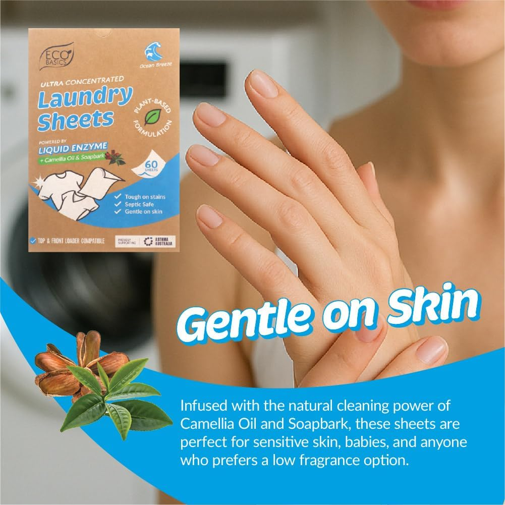 Eco Basics Ultra Concentrated Laundry Detergent Sheets - Ocean Breeze (60 Sheets) Plant-Based Liquid Enzyme, Sensitive Skin Safe &ndash; Plastic-Free, Septic Safe, Tough on Stain image number 4